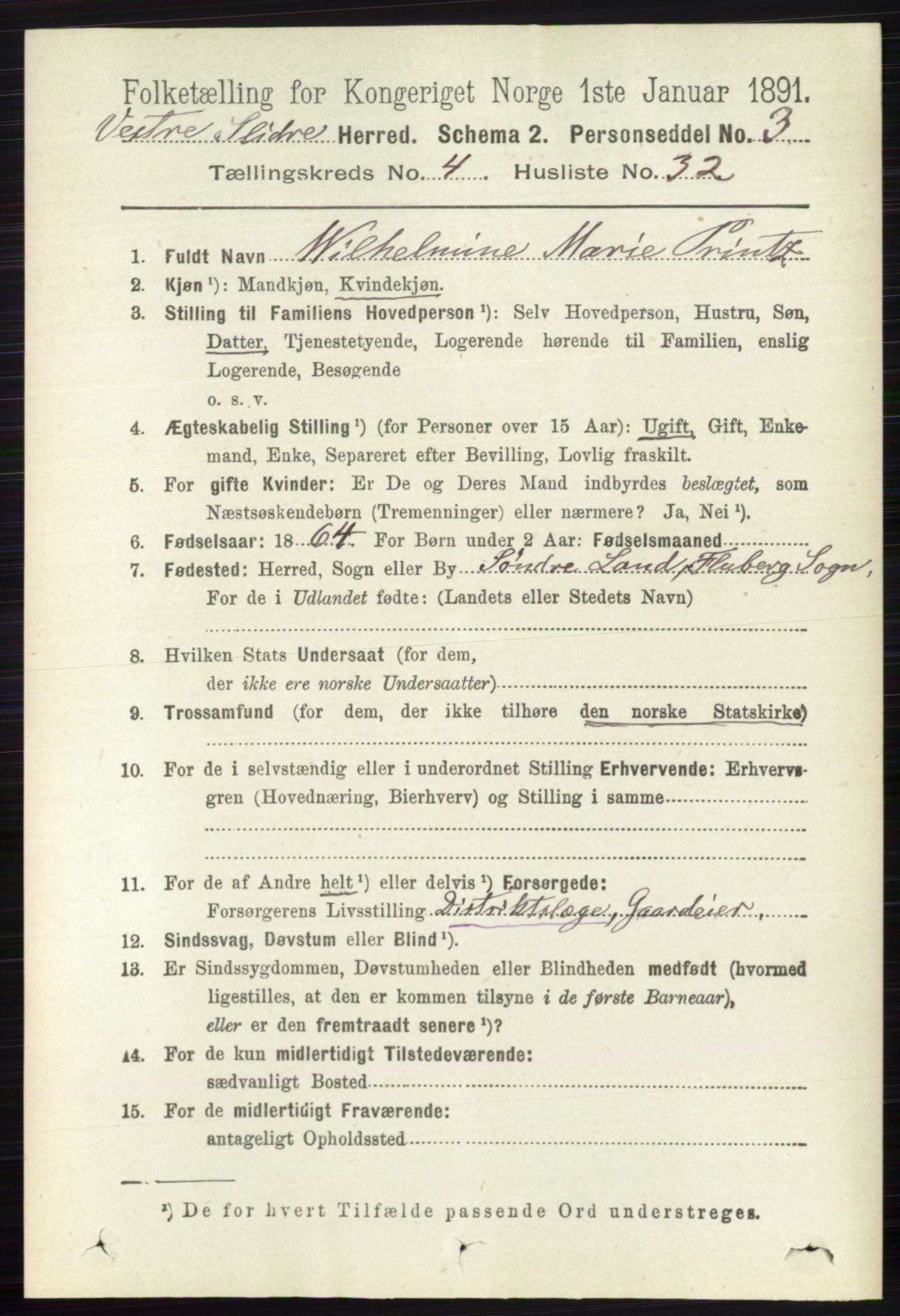 RA, 1891 census for 0543 Vestre Slidre, 1891, p. 1439