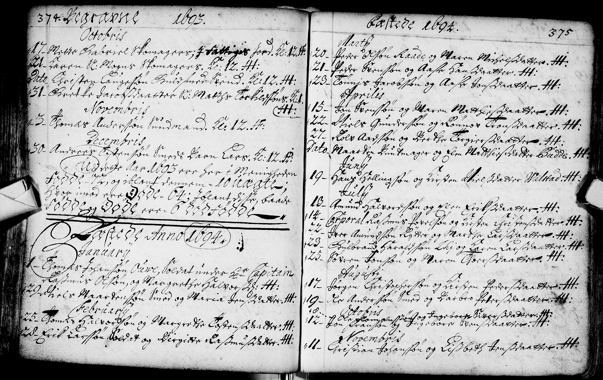 Bragernes kirkebøker, SAKO/A-6/F/Fa/L0002: Parish register (official) no. I 2, 1680-1705, p. 374-375