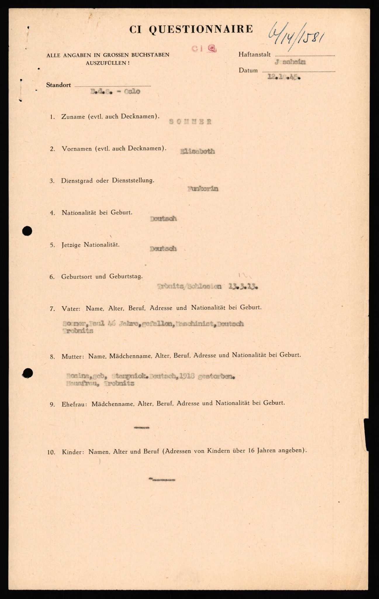 Forsvaret, Forsvarets overkommando II, RA/RAFA-3915/D/Db/L0032: CI Questionaires. Tyske okkupasjonsstyrker i Norge. Tyskere., 1945-1946, p. 159