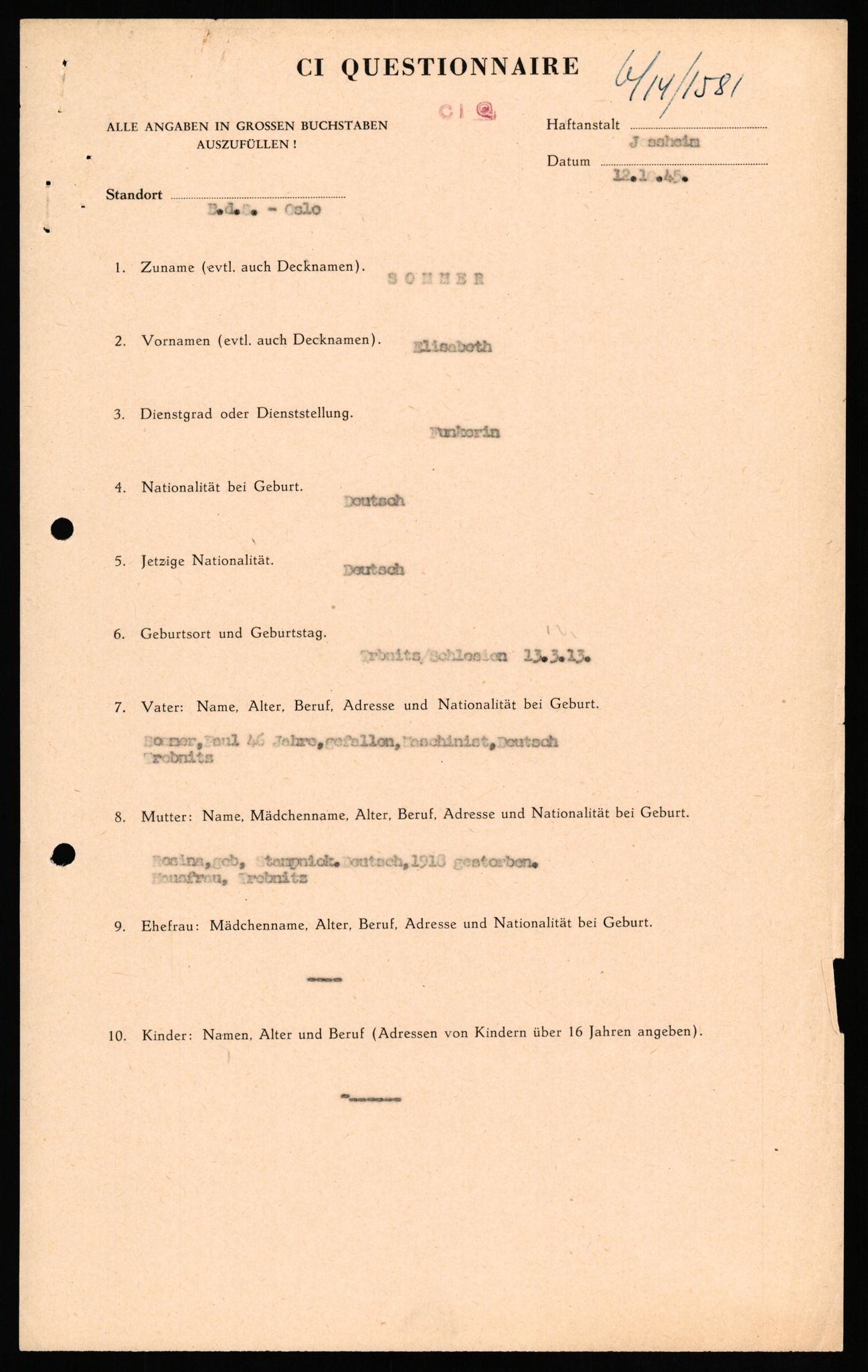 Forsvaret, Forsvarets overkommando II, AV/RA-RAFA-3915/D/Db/L0032: CI Questionaires. Tyske okkupasjonsstyrker i Norge. Tyskere., 1945-1946, p. 159