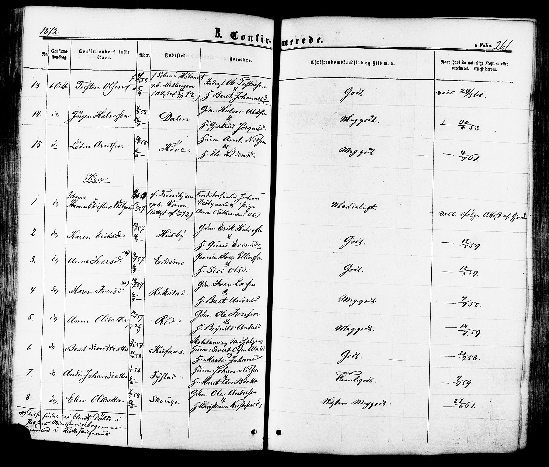 Ministerialprotokoller, klokkerbøker og fødselsregistre - Sør-Trøndelag, AV/SAT-A-1456/665/L0772: Parish register (official) no. 665A07, 1856-1878, p. 261