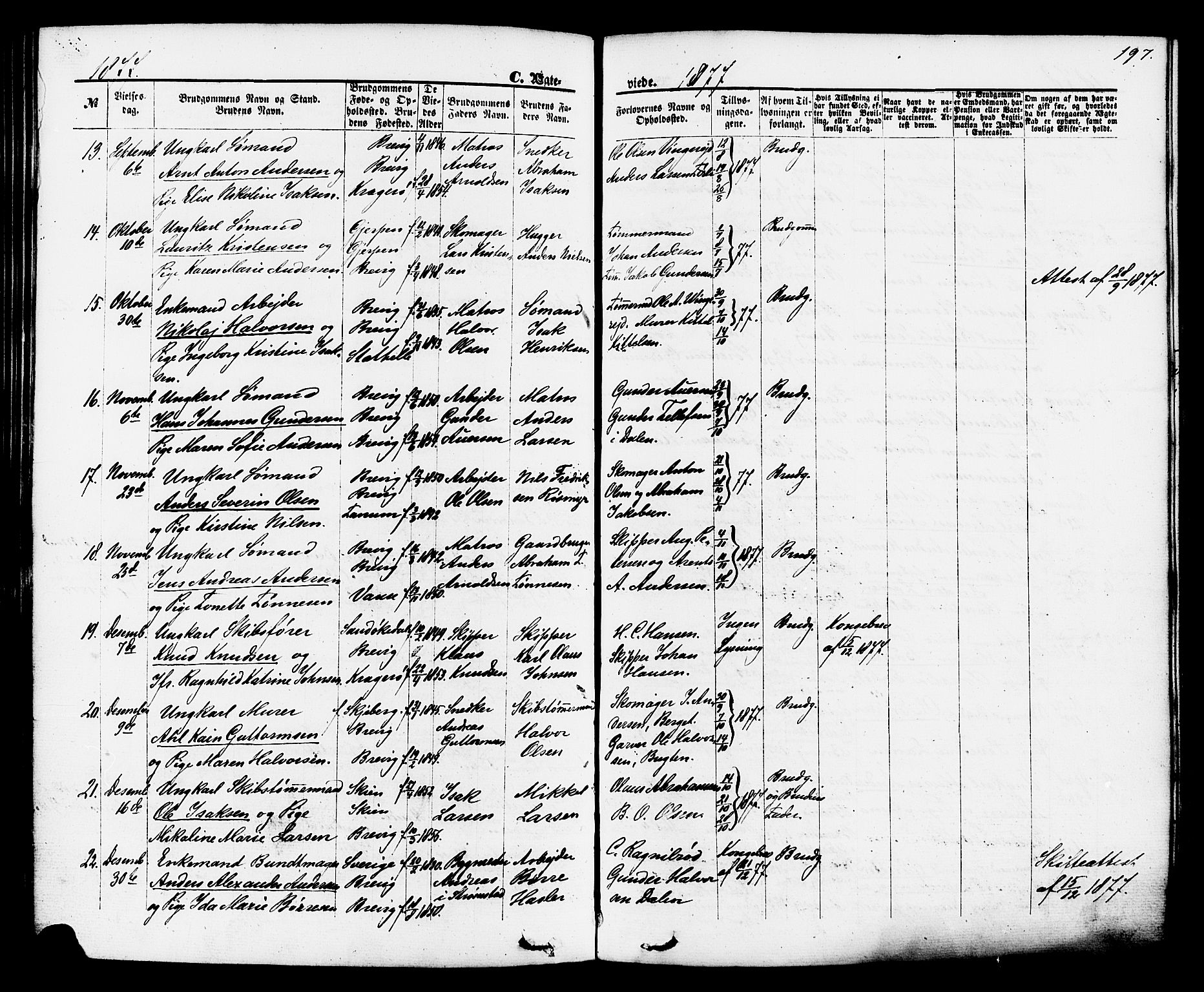 Brevik kirkebøker, SAKO/A-255/F/Fa/L0006: Parish register (official) no. 6, 1866-1881, p. 197