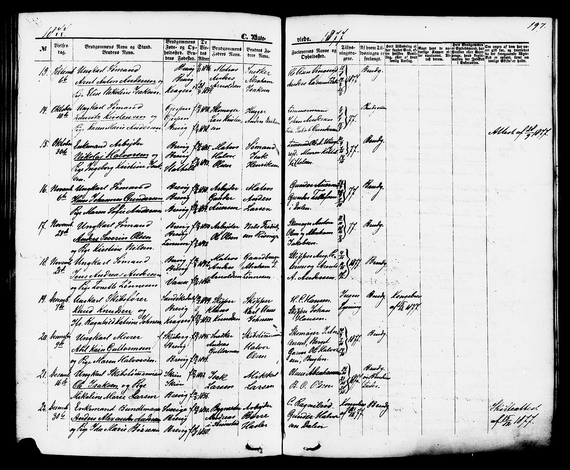 Brevik kirkebøker, AV/SAKO-A-255/F/Fa/L0006: Parish register (official) no. 6, 1866-1881, p. 197