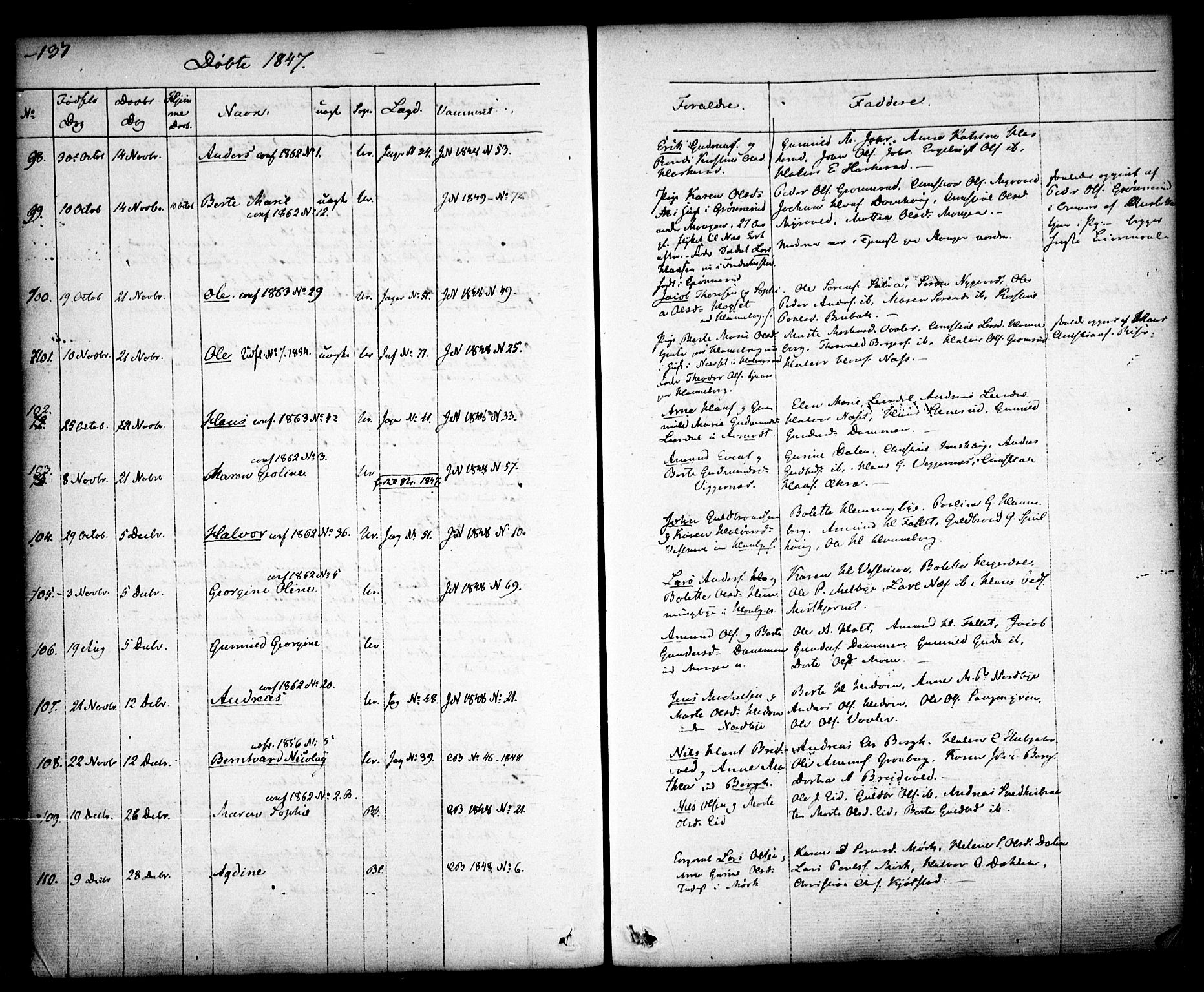 Aurskog prestekontor Kirkebøker, SAO/A-10304a/F/Fa/L0006: Parish register (official) no. I 6, 1829-1853, p. 137