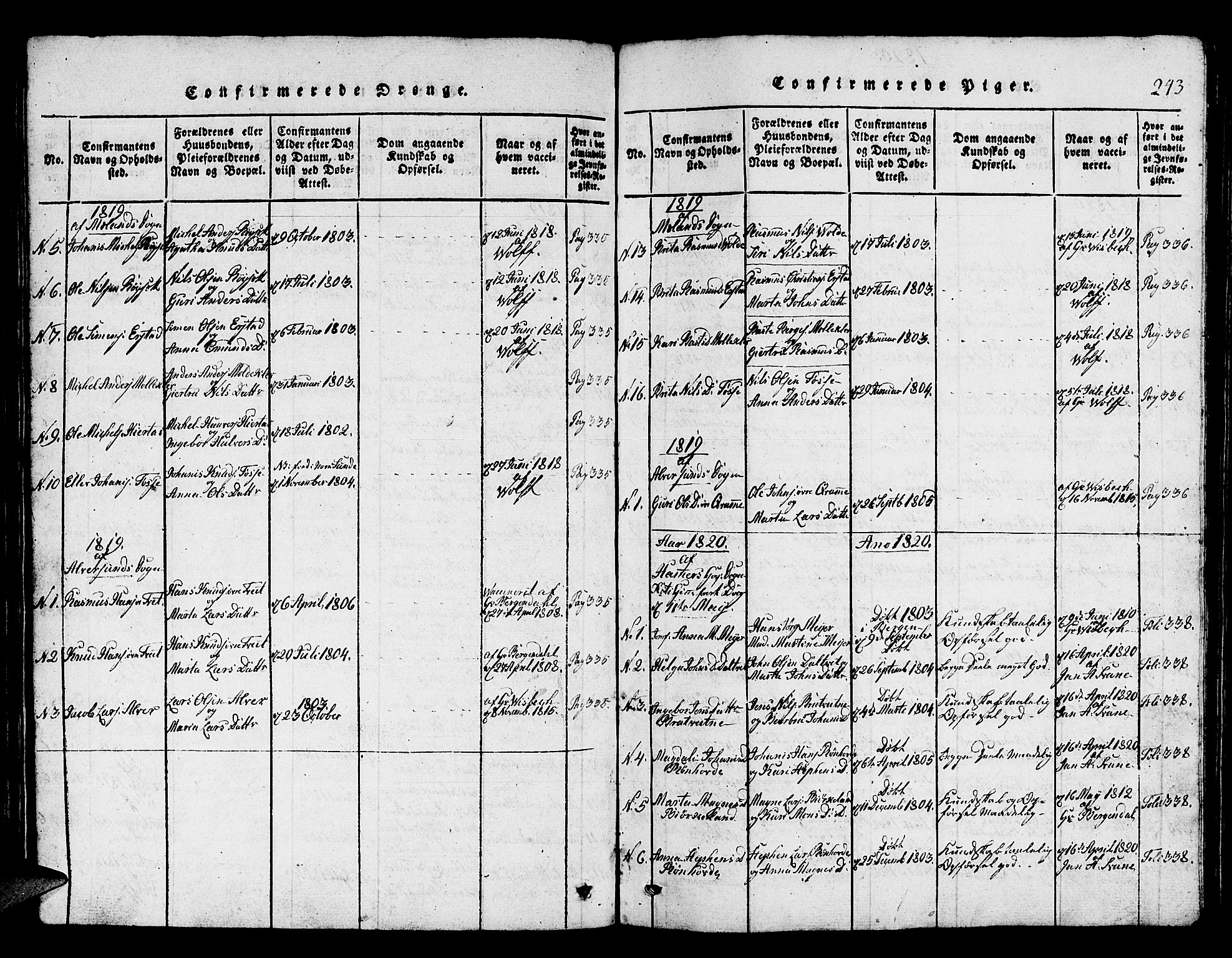 Hamre sokneprestembete, SAB/A-75501/H/Ha/Hab: Parish register (copy) no. A 1, 1816-1826, p. 243