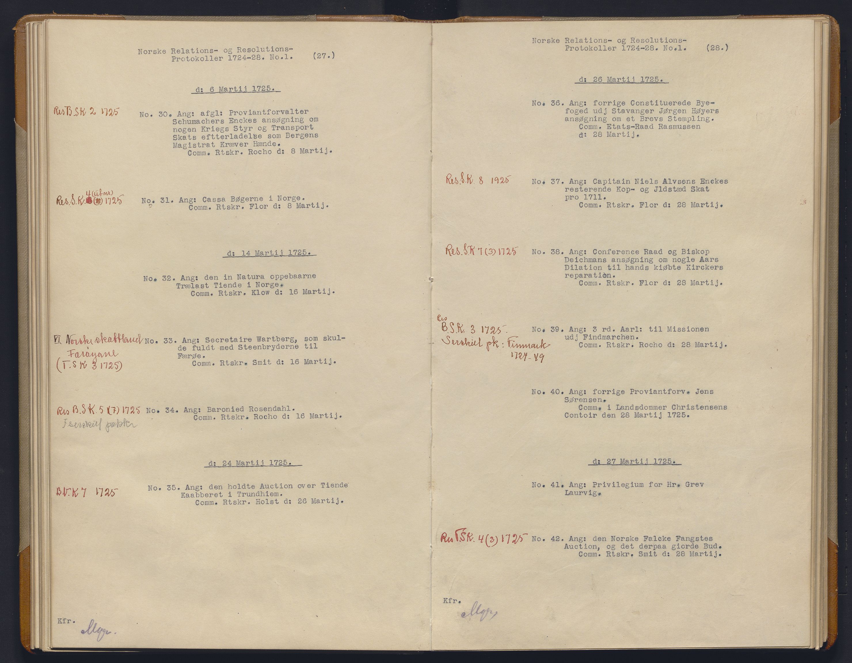 Avskriftsamlingen, AV/RA-EA-4022/F/Fb/L0115: Registratur over norske Relasjons- og resolusjonsprotkoller, 1724-1728, p. 34