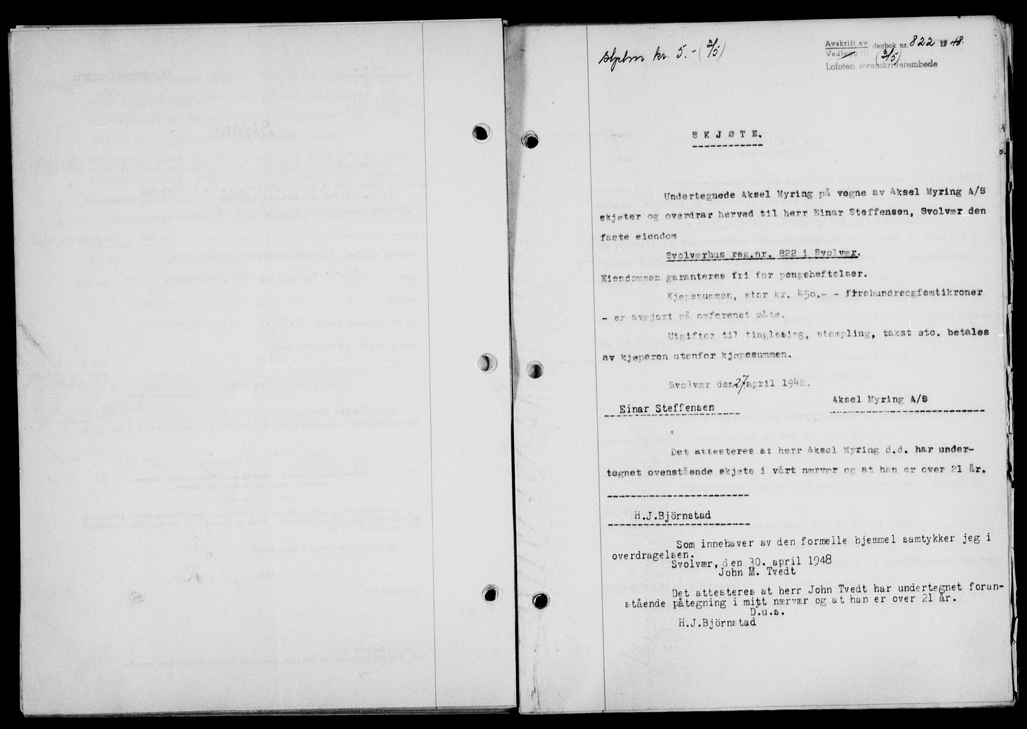 Lofoten sorenskriveri, SAT/A-0017/1/2/2C/L0018a: Mortgage book no. 18a, 1948-1948, Diary no: : 822/1948