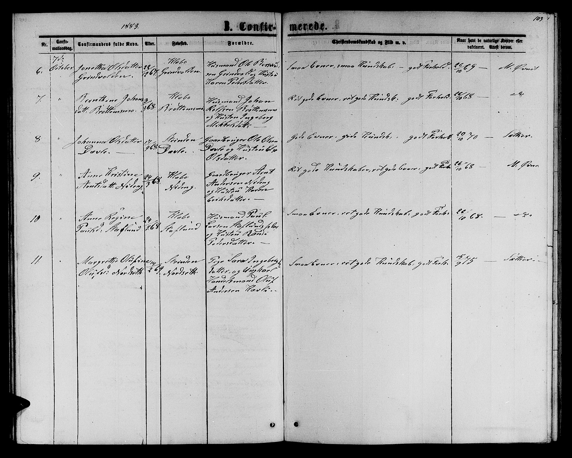 Ministerialprotokoller, klokkerbøker og fødselsregistre - Sør-Trøndelag, SAT/A-1456/618/L0451: Parish register (copy) no. 618C02, 1865-1883, p. 103