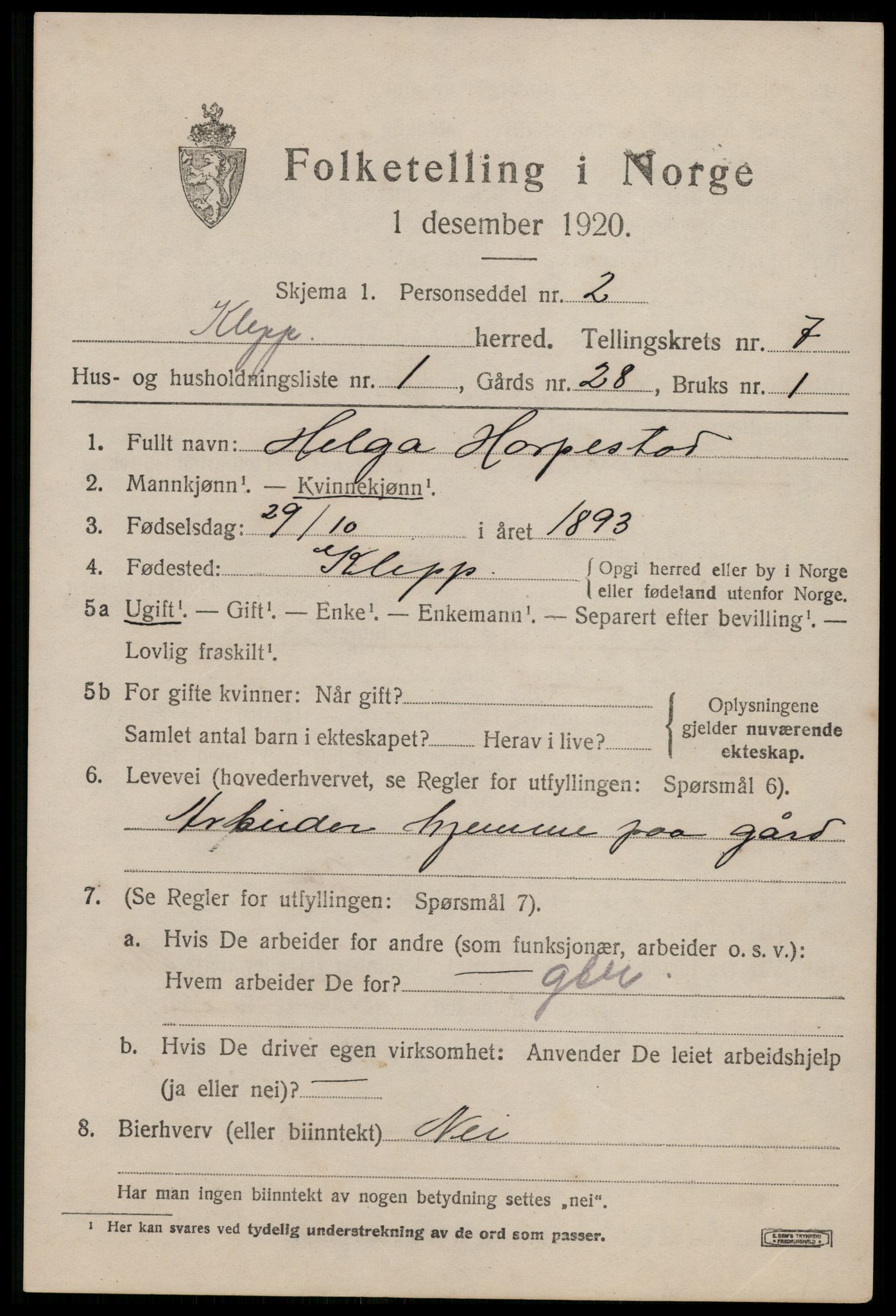 SAST, 1920 census for Klepp, 1920, p. 6576