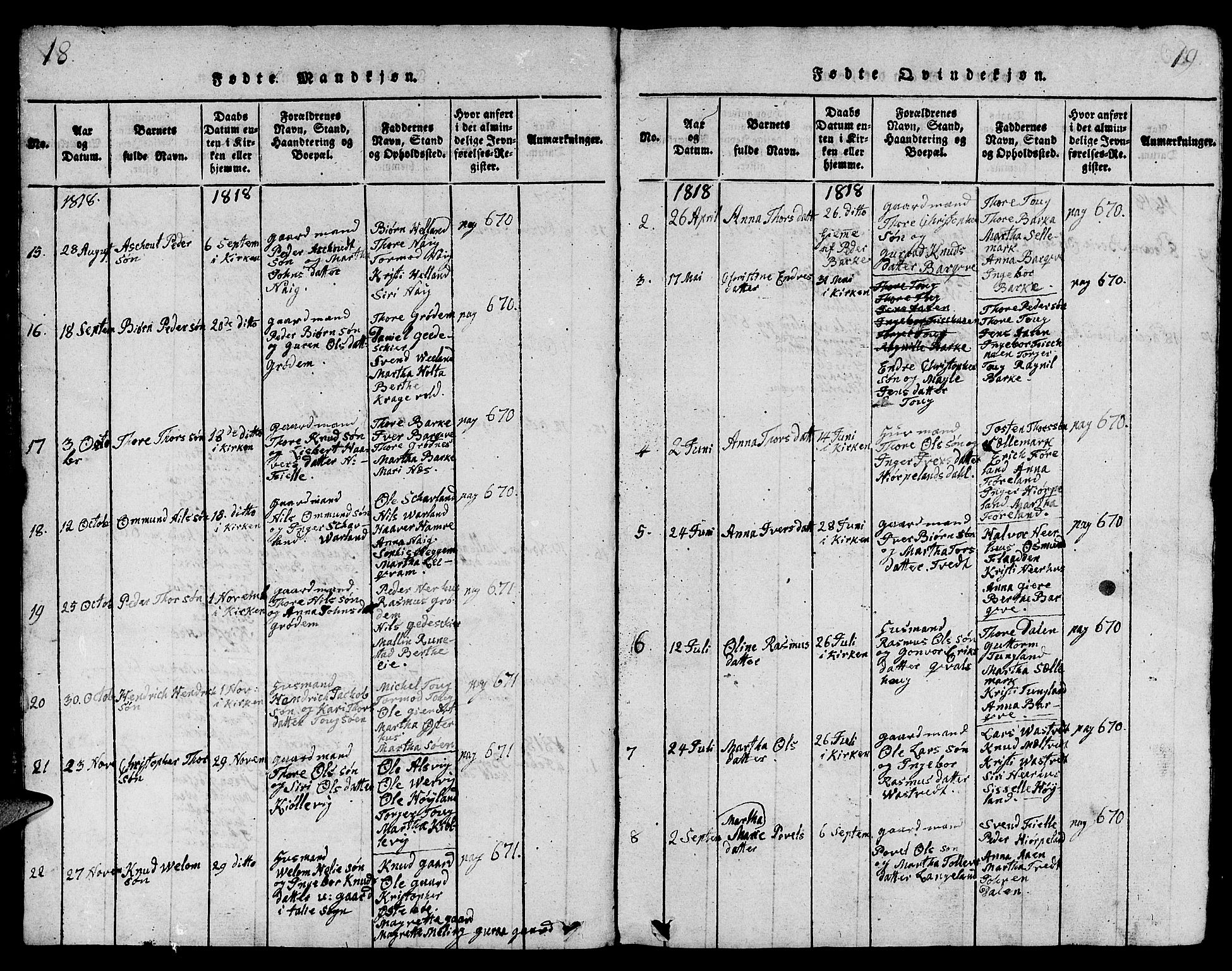 Strand sokneprestkontor, AV/SAST-A-101828/H/Ha/Hab/L0001: Parish register (copy) no. B 1, 1816-1854, p. 18-19