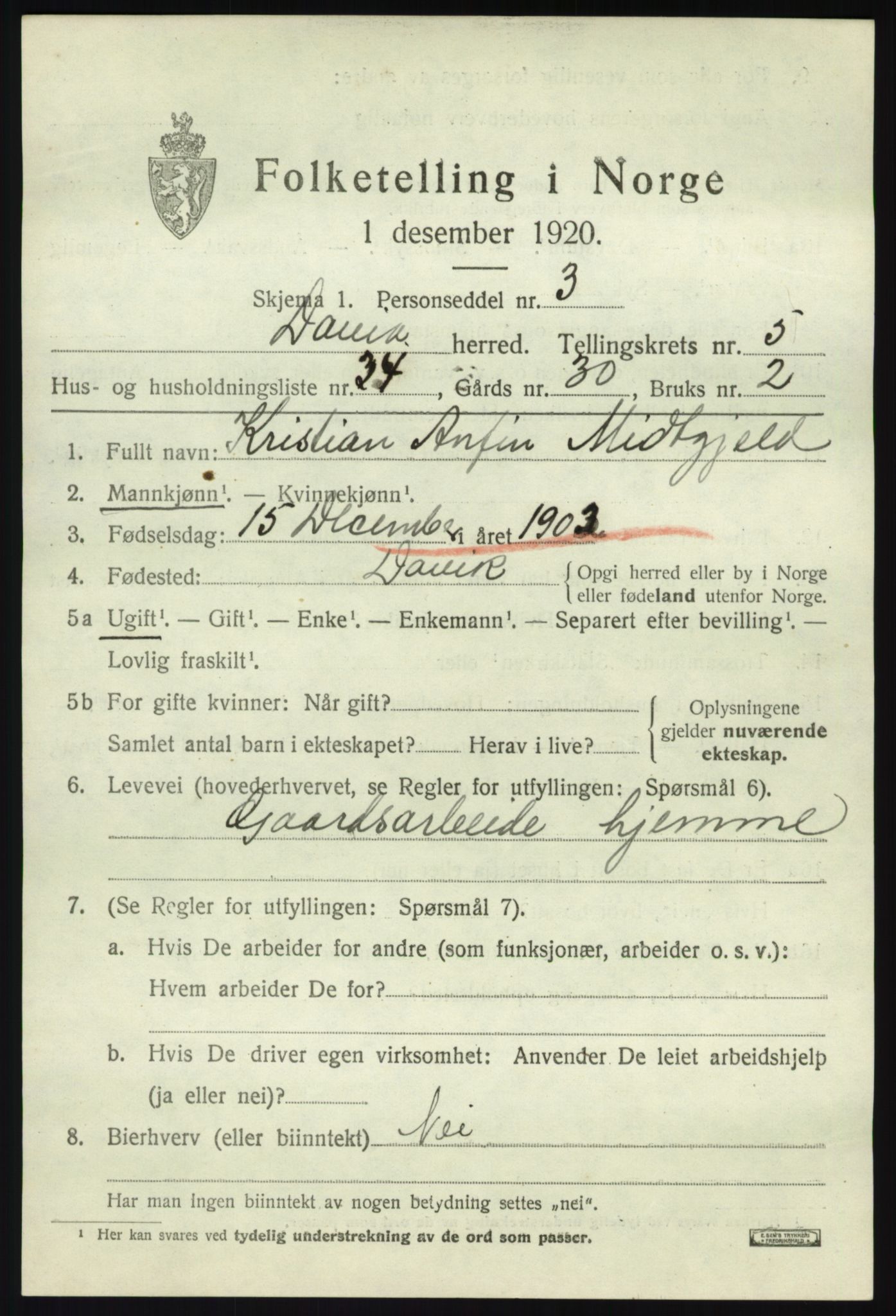 SAB, 1920 census for Davik, 1920, p. 3321