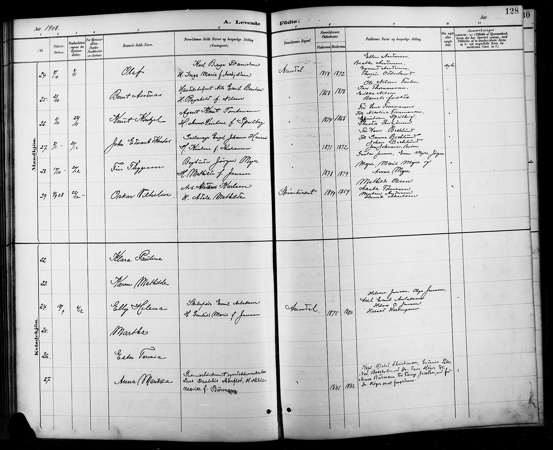 Arendal sokneprestkontor, Trefoldighet, SAK/1111-0040/F/Fb/L0006: Parish register (copy) no. B 6, 1889-1916, p. 128