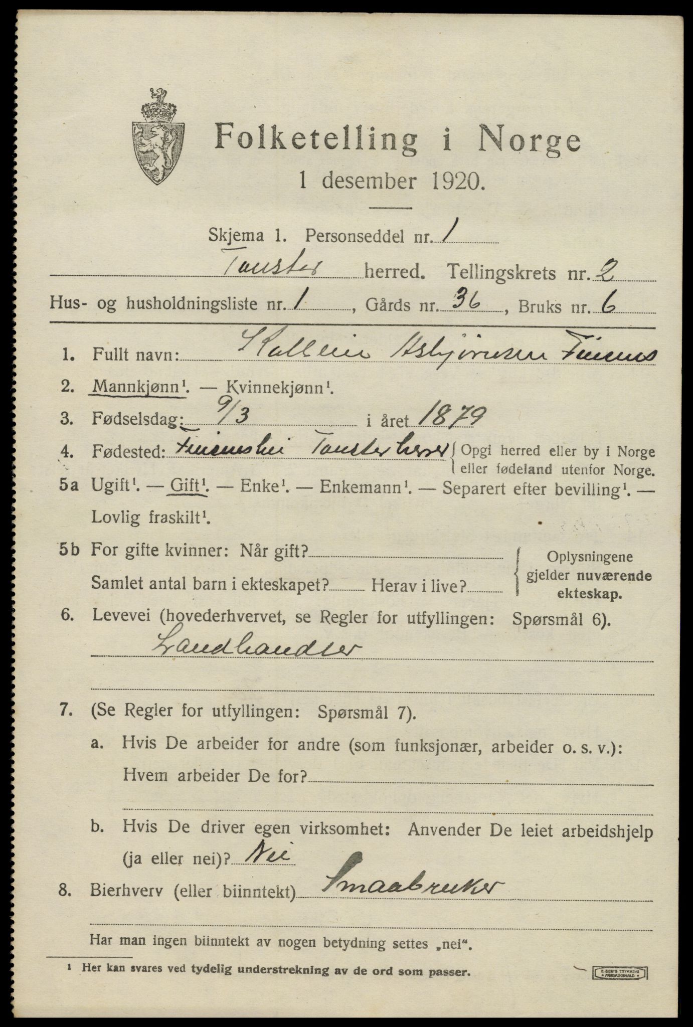 SAK, 1920 census for Tonstad, 1920, p. 722