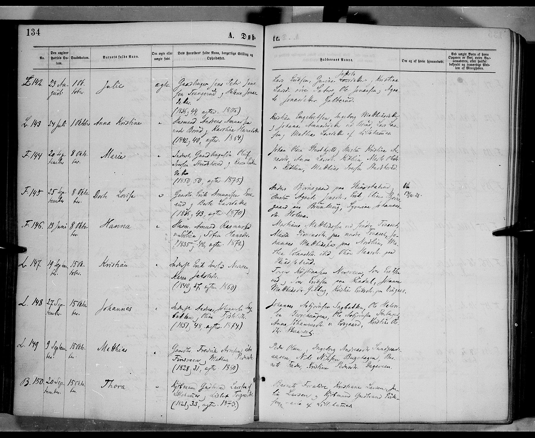 Fåberg prestekontor, AV/SAH-PREST-086/H/Ha/Haa/L0007: Parish register (official) no. 7, 1868-1878, p. 134