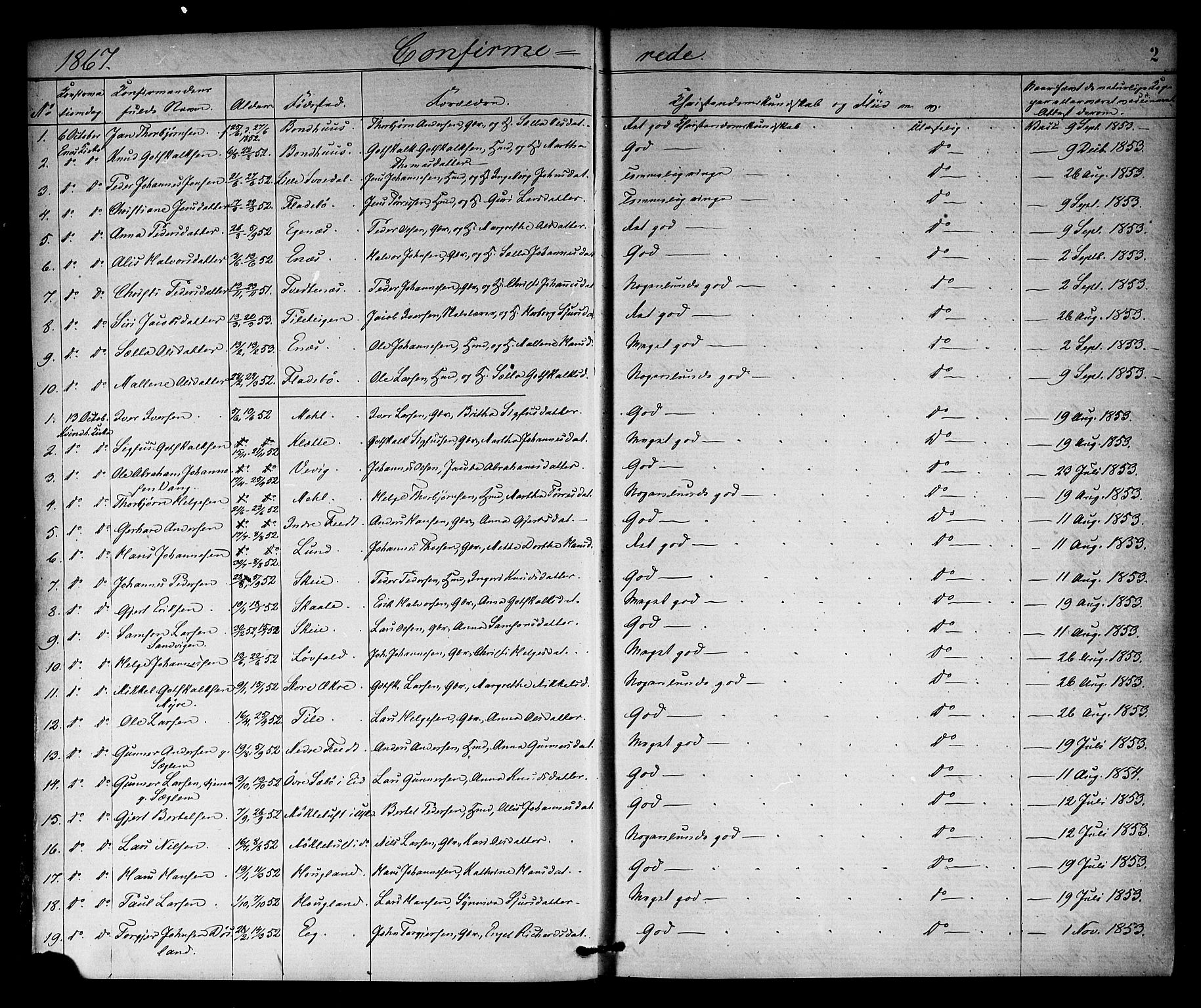 Kvinnherad sokneprestembete, AV/SAB-A-76401/H/Haa: Parish register (official) no. A 10, 1867-1886, p. 2