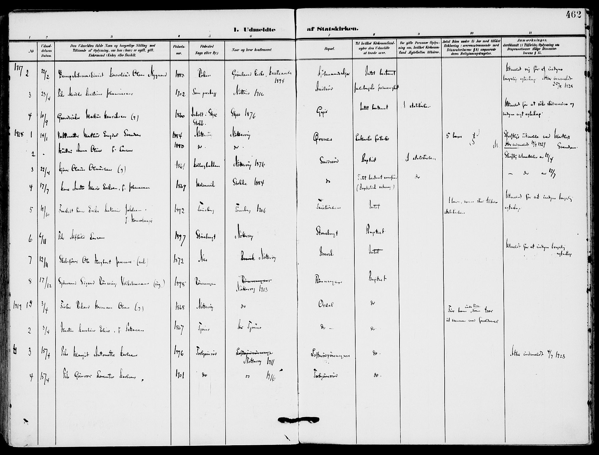 Nøtterøy kirkebøker, SAKO/A-354/F/Fa/L0010: Parish register (official) no. I 10, 1908-1919, p. 462