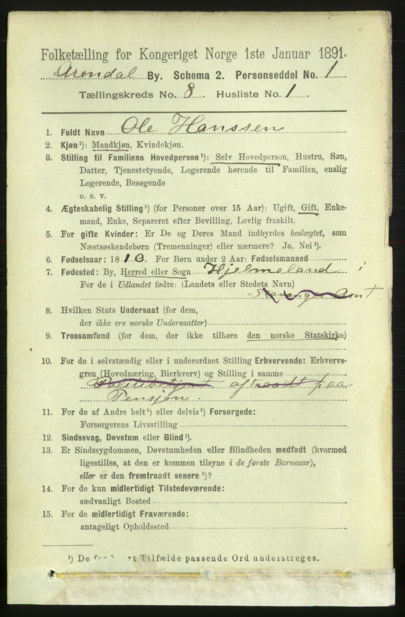 RA, 1891 census for 0903 Arendal, 1891, p. 2846