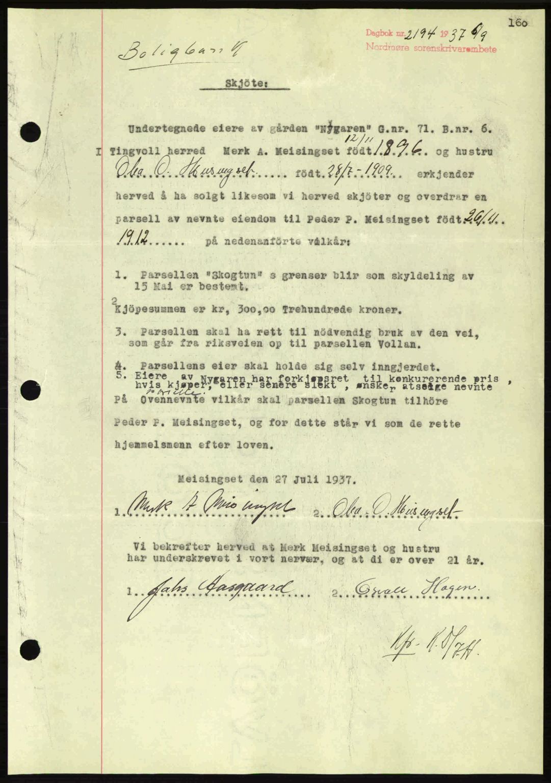 Nordmøre sorenskriveri, AV/SAT-A-4132/1/2/2Ca: Mortgage book no. A82, 1937-1938, Diary no: : 2194/1937