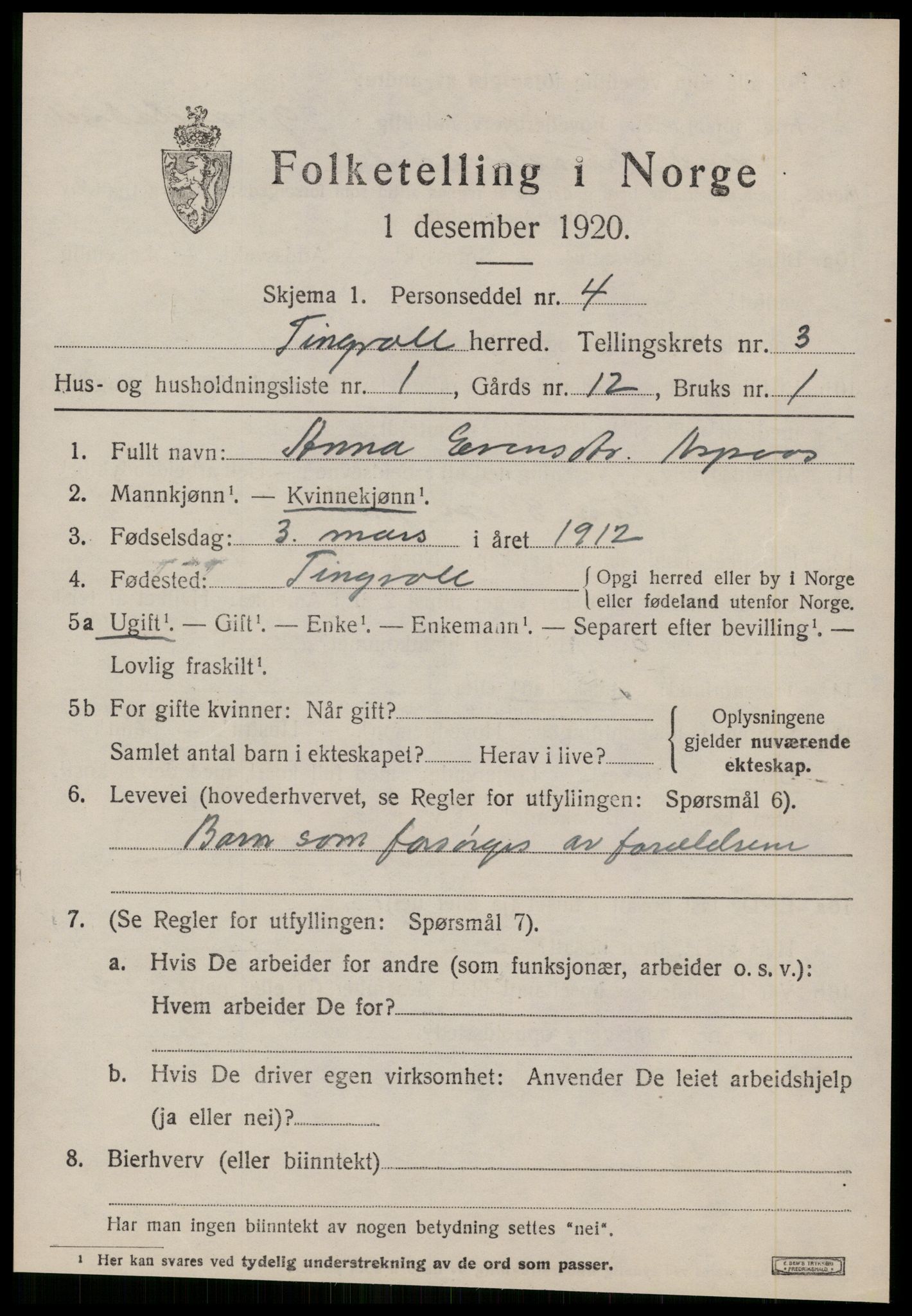 SAT, 1920 census for Tingvoll, 1920, p. 1642