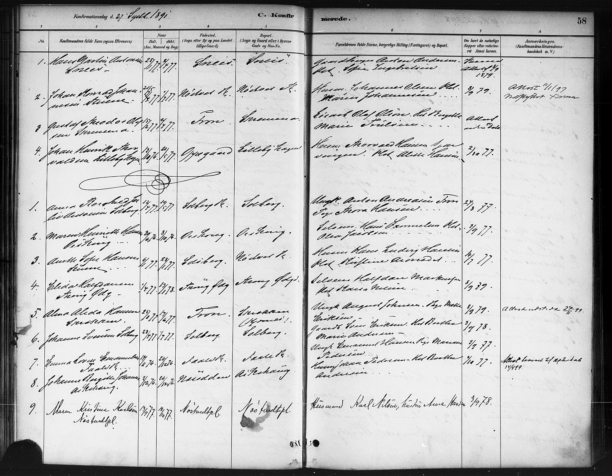 Ås prestekontor Kirkebøker, AV/SAO-A-10894/F/Fb/L0001: Parish register (official) no. II 1, 1881-1895, p. 58