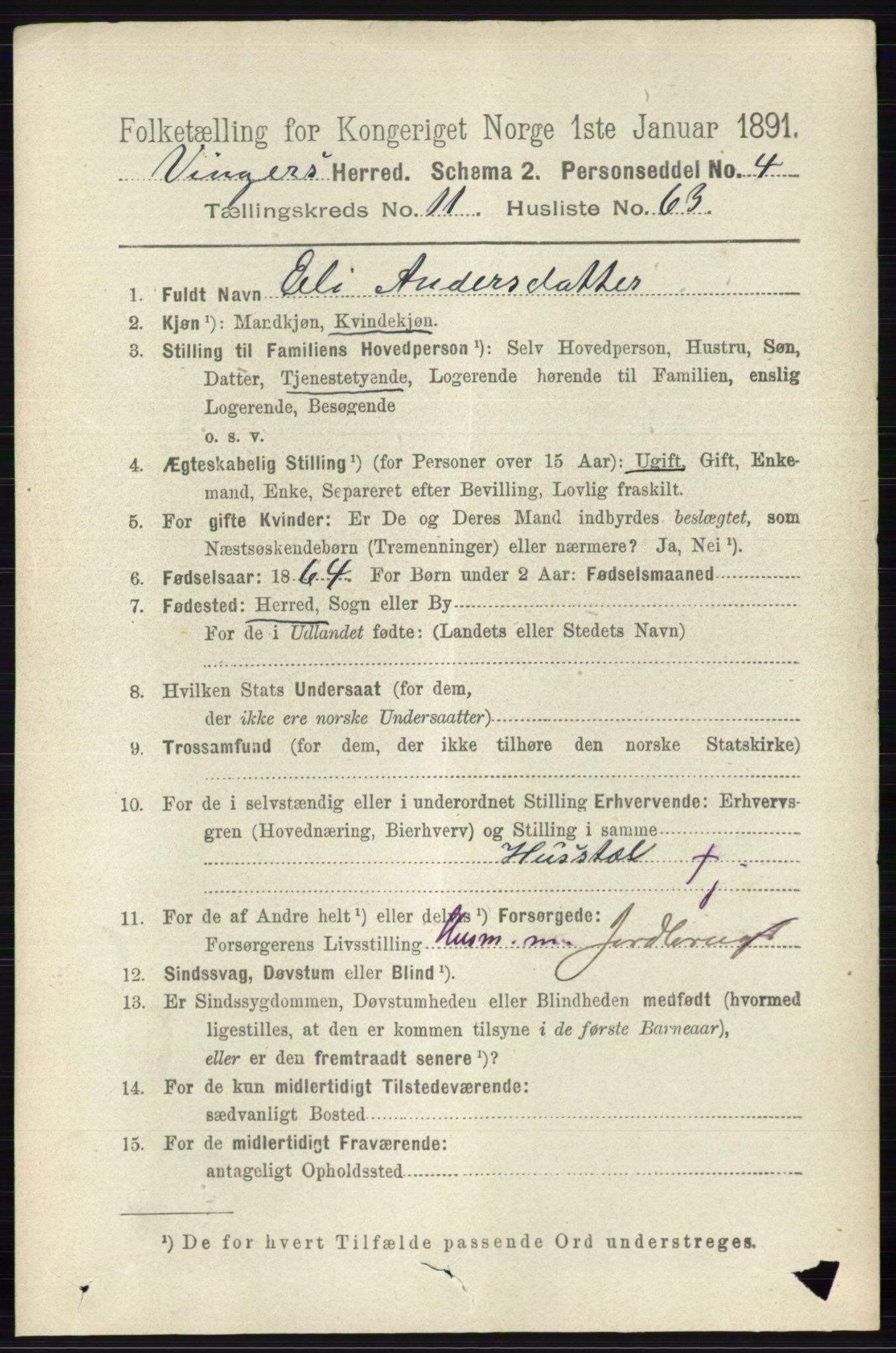 RA, 1891 census for 0421 Vinger, 1891, p. 5727