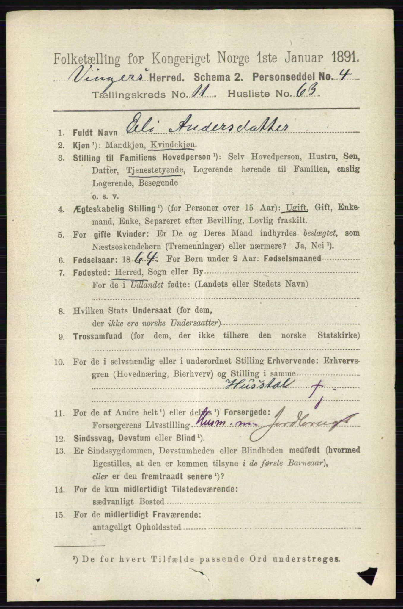 RA, 1891 census for 0421 Vinger, 1891, p. 5727