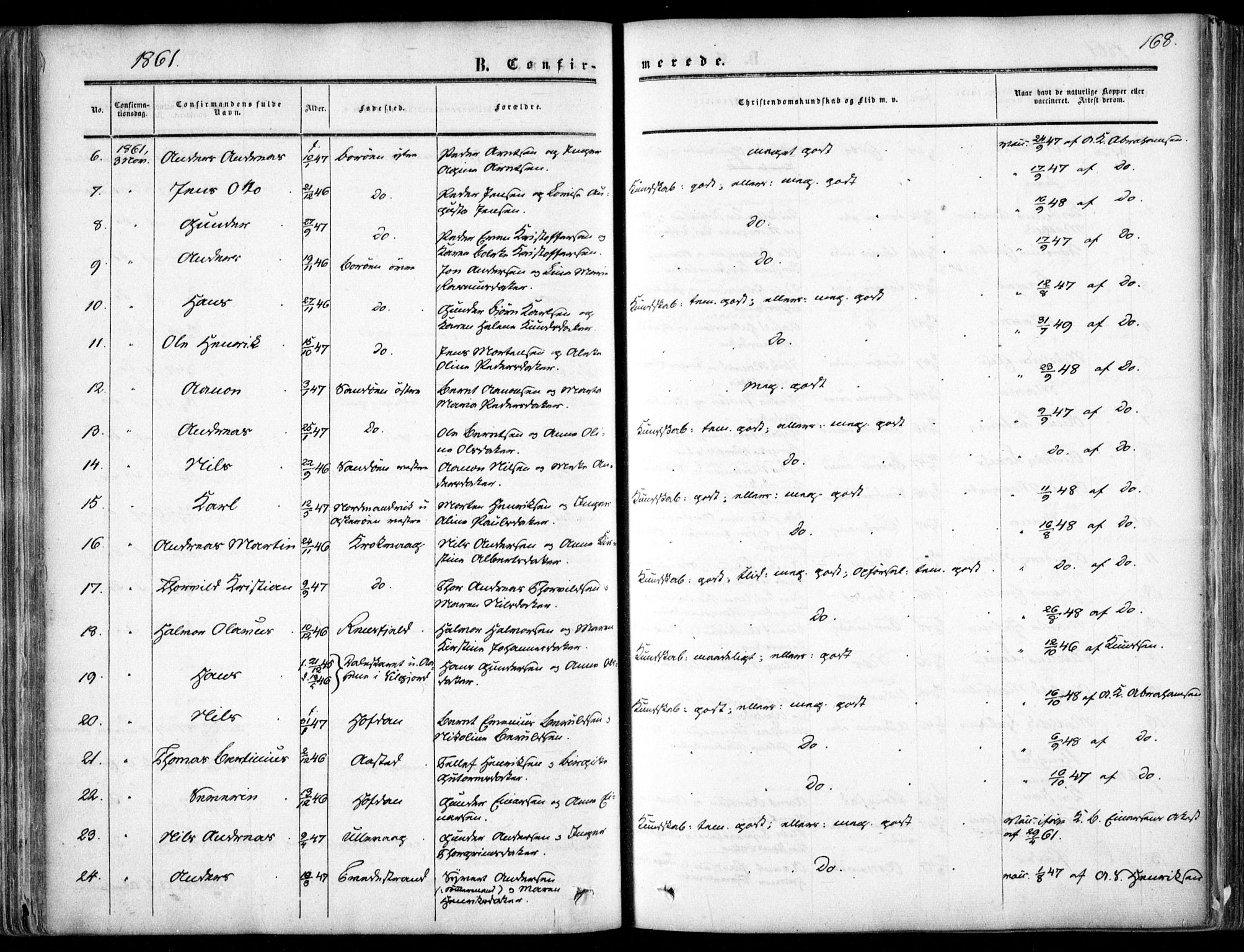 Dypvåg sokneprestkontor, SAK/1111-0007/F/Fa/Faa/L0006: Parish register (official) no. A 6, 1855-1872, p. 168