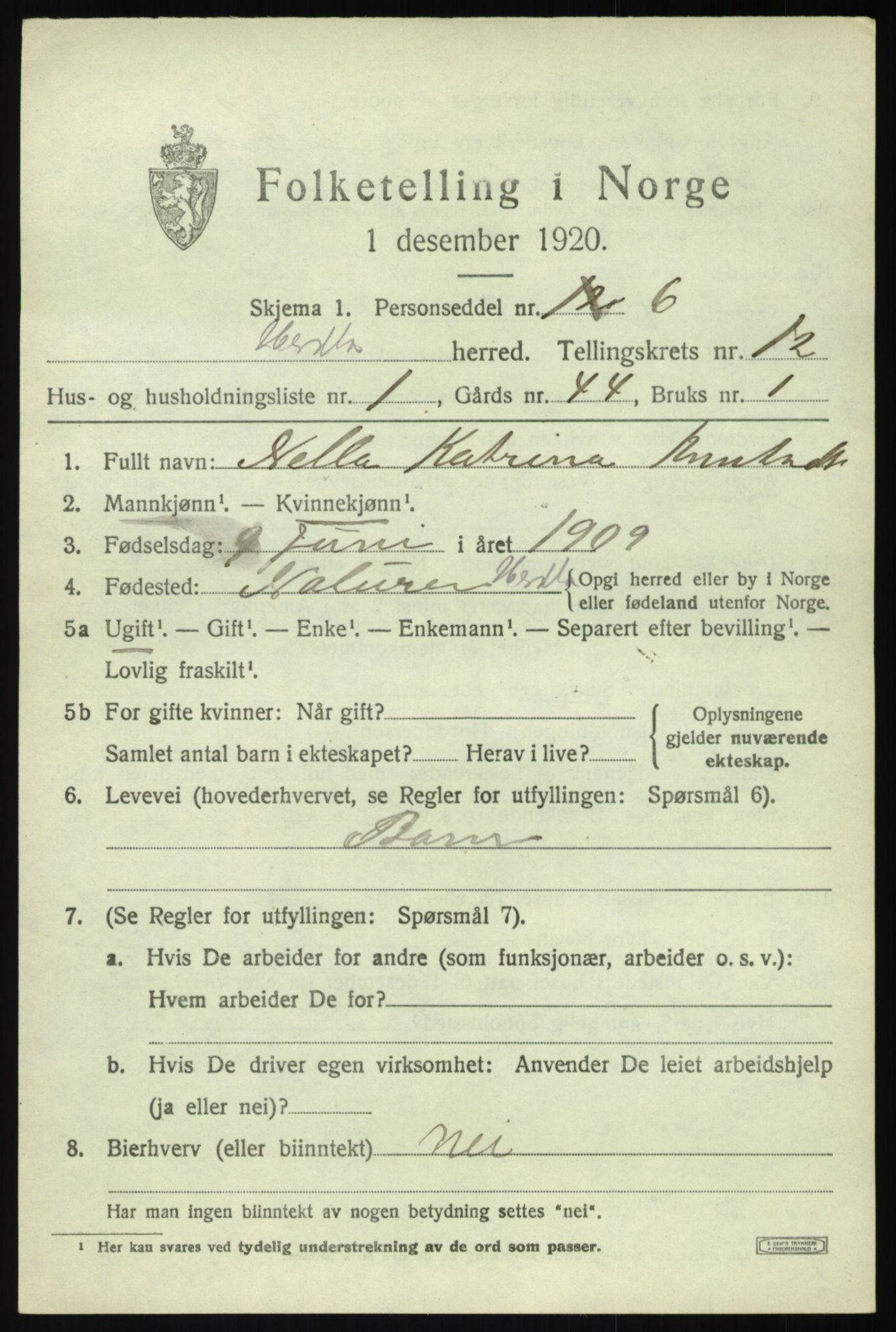 SAB, 1920 census for Herdla, 1920, p. 8345