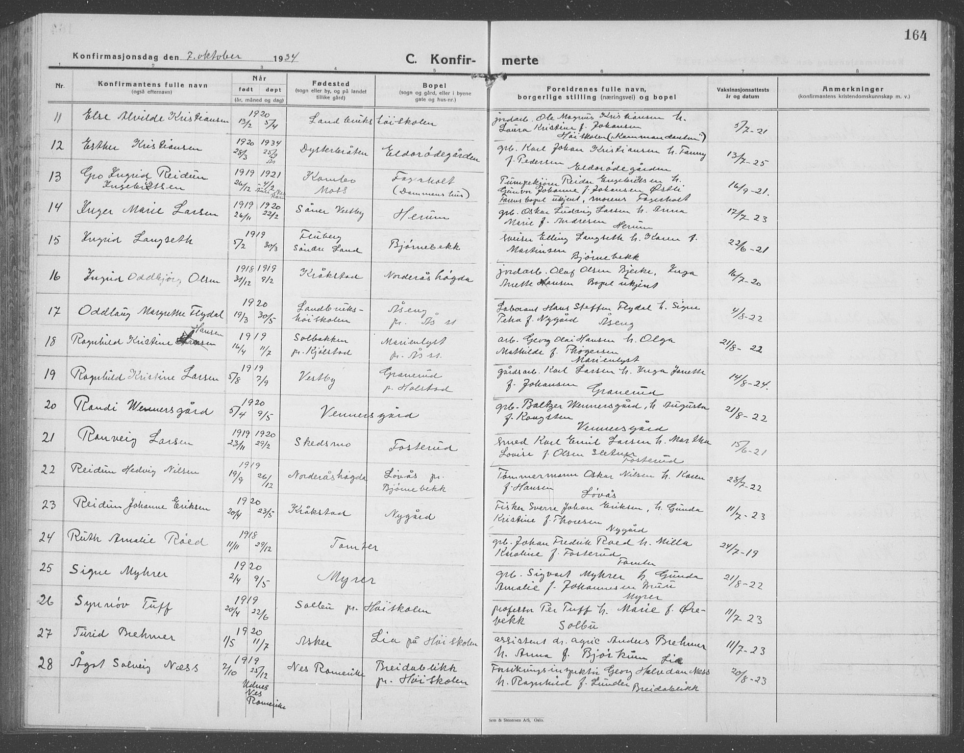 Ås prestekontor Kirkebøker, AV/SAO-A-10894/G/Ga/L0006: Parish register (copy) no. I 6, 1925-1940, p. 164
