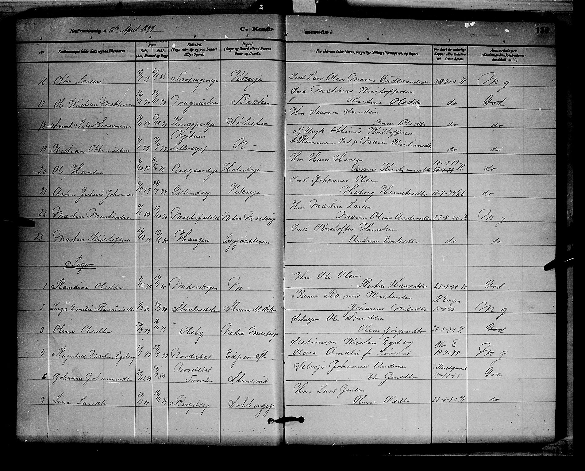 Stange prestekontor, AV/SAH-PREST-002/L/L0008: Parish register (copy) no. 8, 1882-1895, p. 136