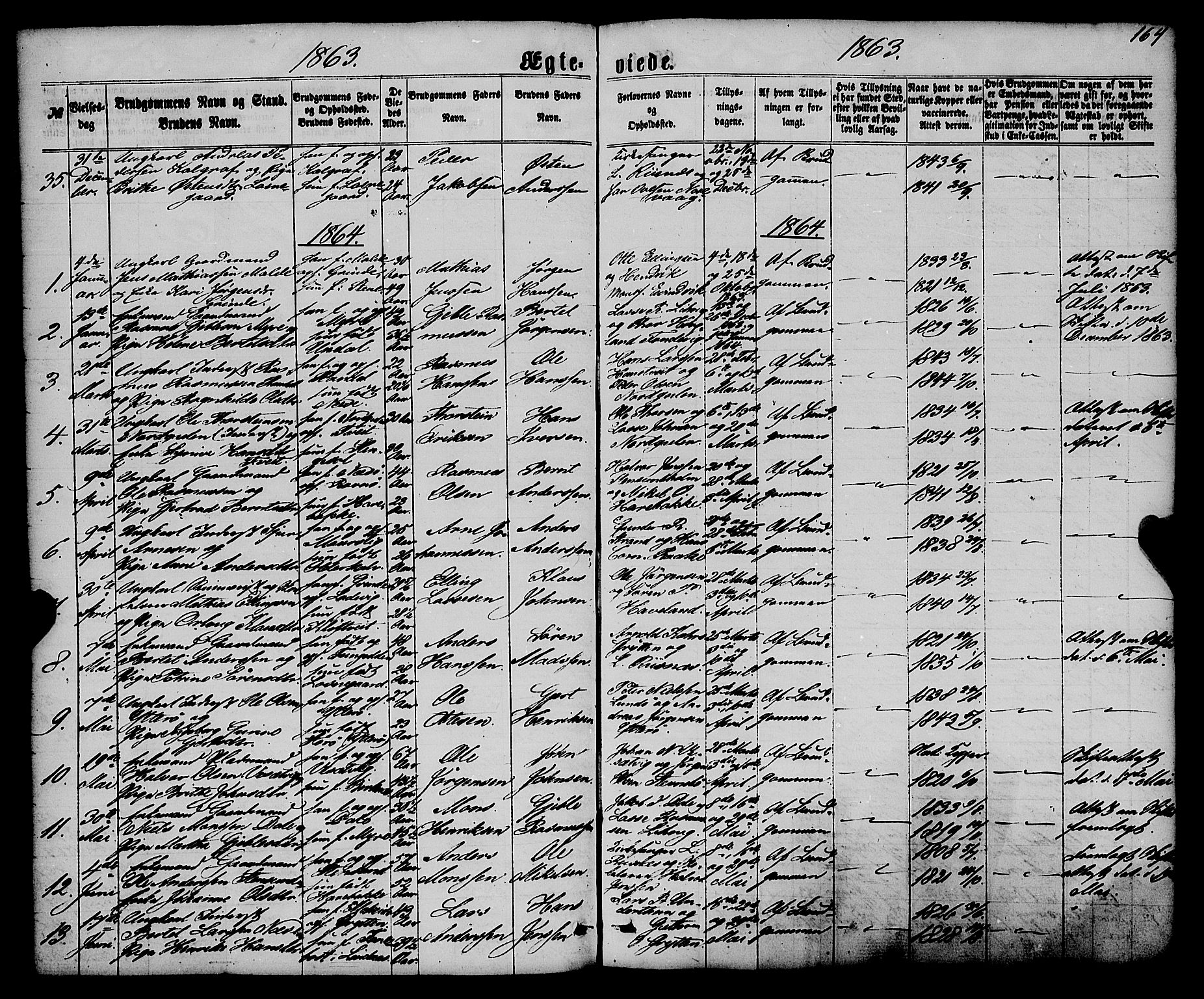 Gulen sokneprestembete, AV/SAB-A-80201/H/Haa/Haaa/L0022: Parish register (official) no. A 22, 1859-1869, p. 164