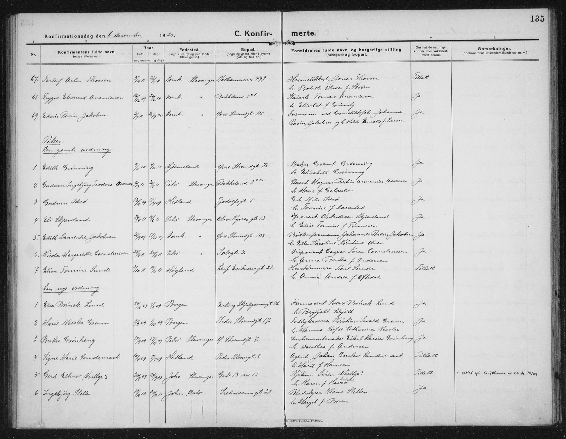 Domkirken sokneprestkontor, AV/SAST-A-101812/002/A/L0019: Parish register (official) no. A 35, 1916-1932, p. 135