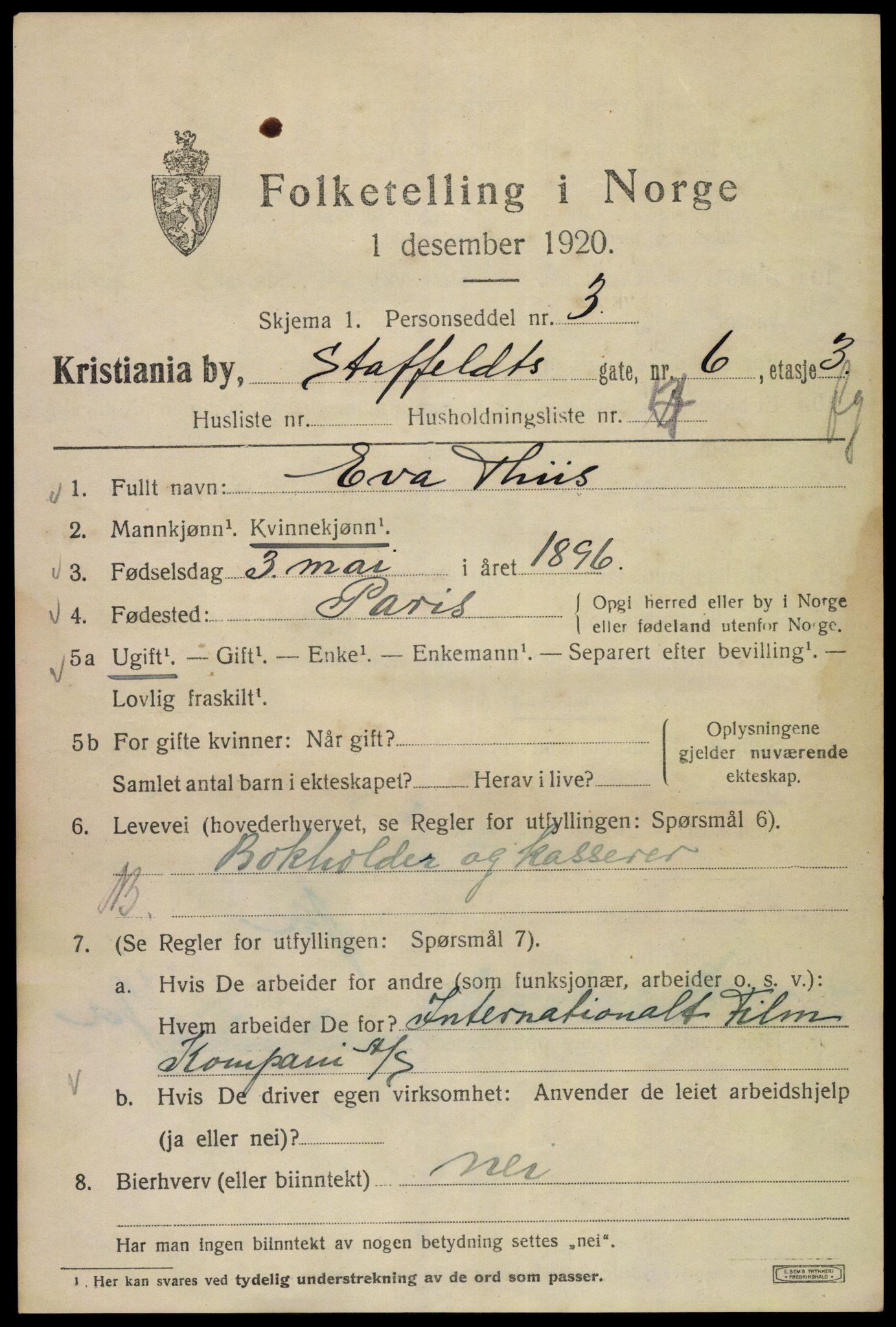 SAO, 1920 census for Kristiania, 1920, p. 536191