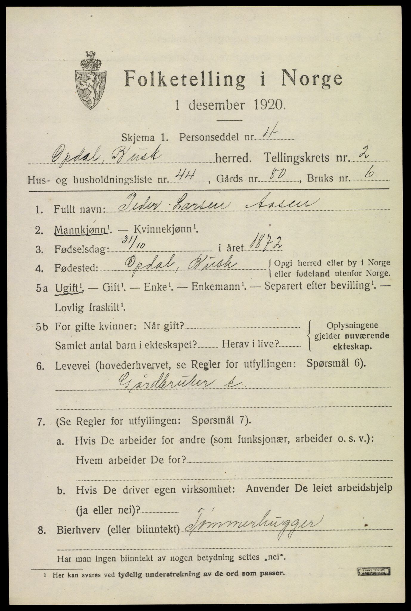 SAKO, 1920 census for Uvdal, 1920, p. 1285