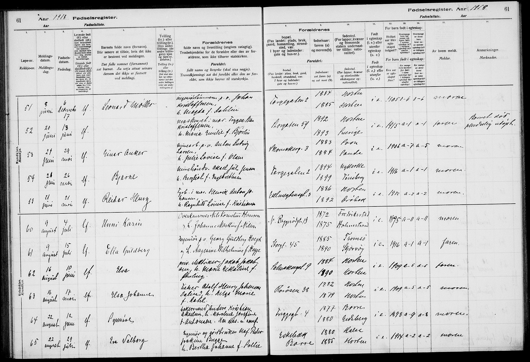 Horten kirkebøker, AV/SAKO-A-348/J/Ja/L0001: Birth register no. 1, 1916-1923, p. 61