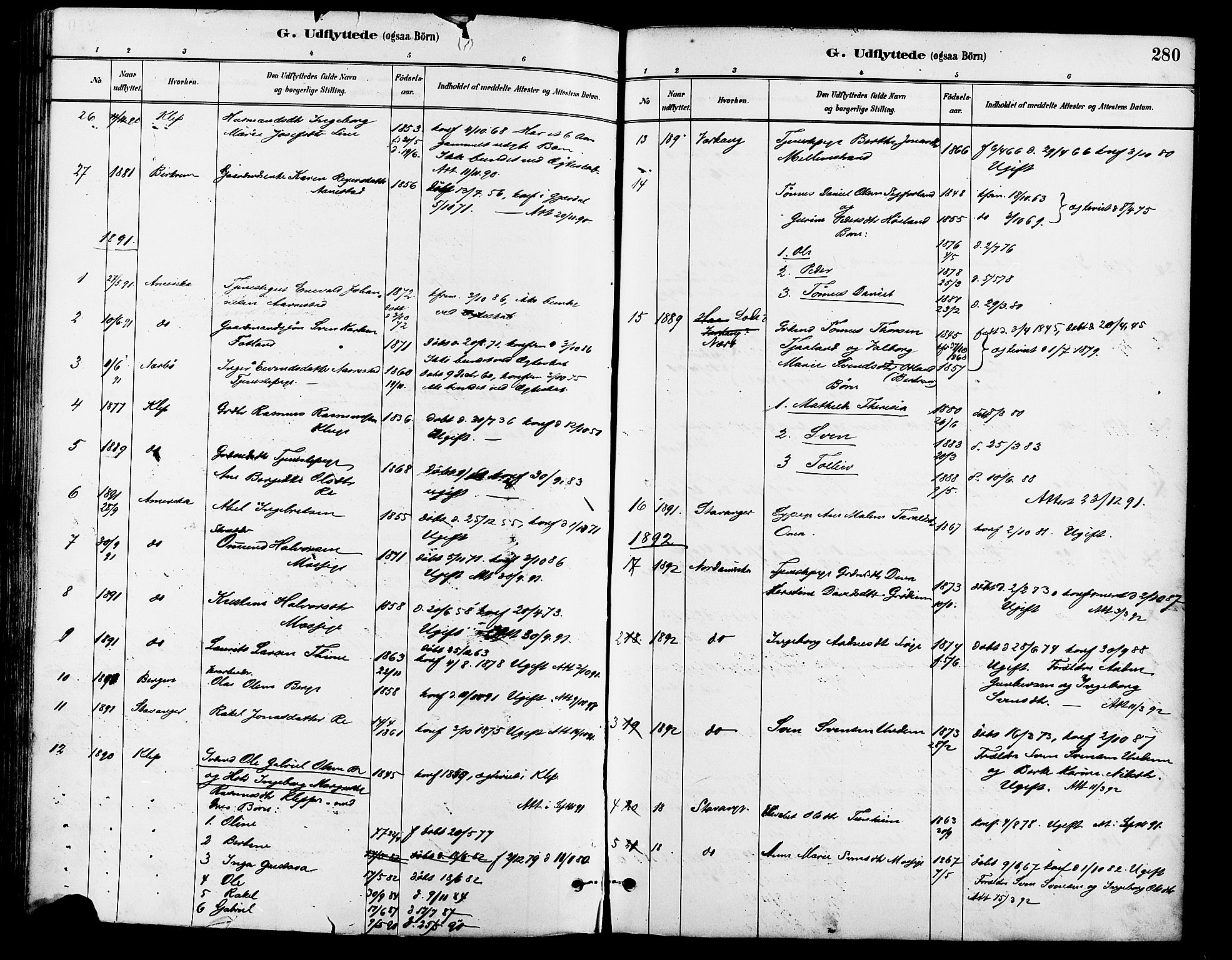 Lye sokneprestkontor, SAST/A-101794/001/30BA/L0009: Parish register (official) no. A 8, 1881-1892, p. 280