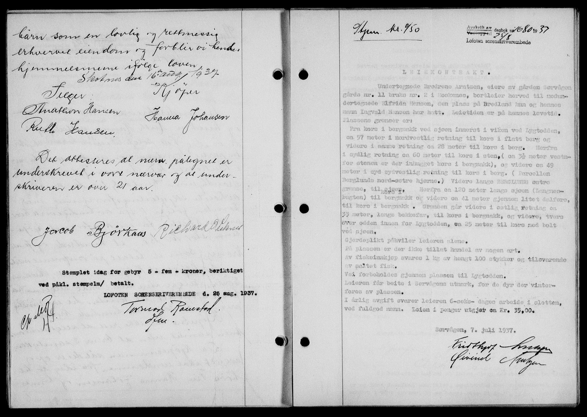 Lofoten sorenskriveri, SAT/A-0017/1/2/2C/L0002a: Mortgage book no. 2a, 1937-1937, Diary no: : 1680/1937