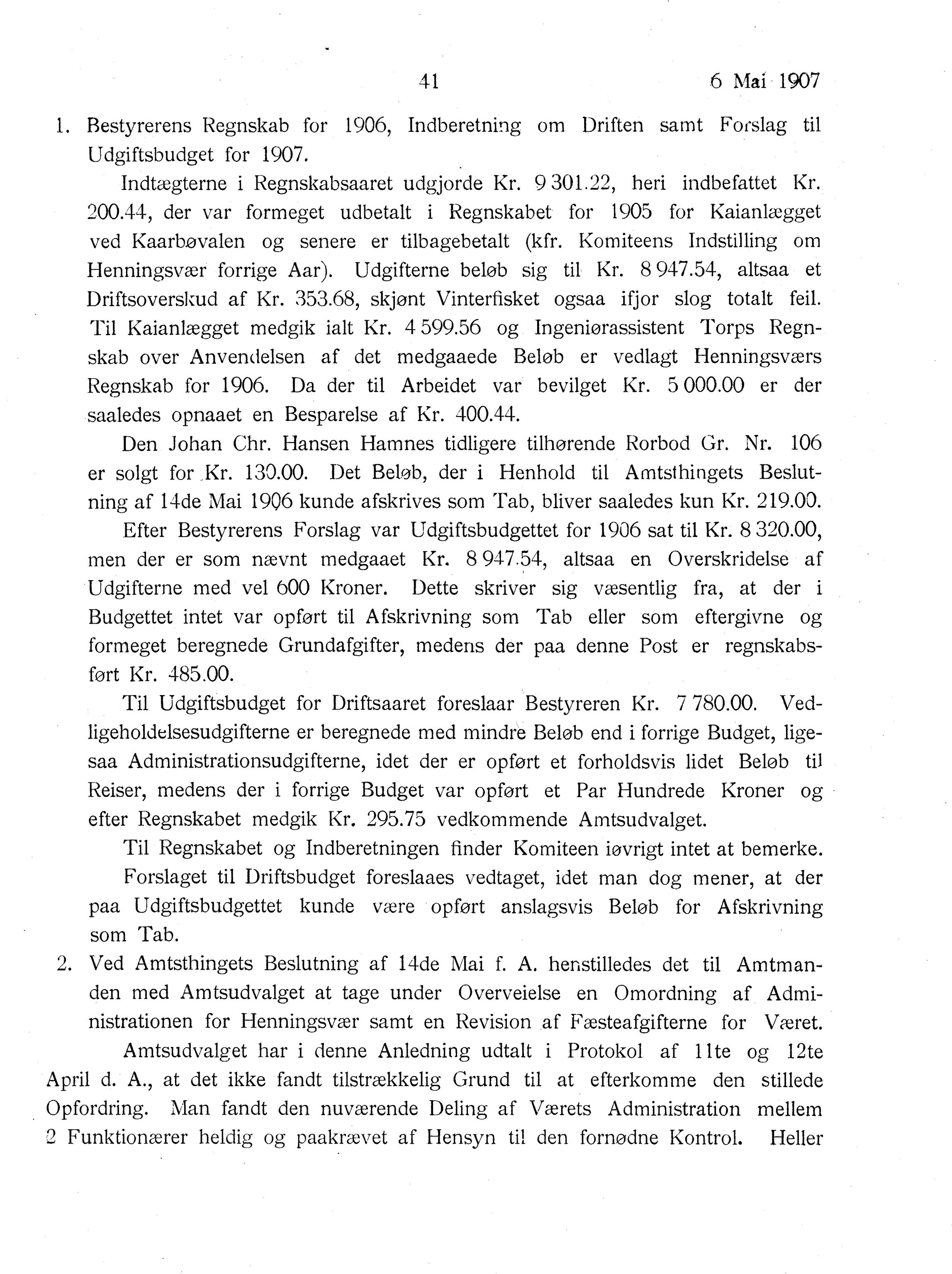 Nordland Fylkeskommune. Fylkestinget, AIN/NFK-17/176/A/Ac/L0030: Fylkestingsforhandlinger 1907, 1907