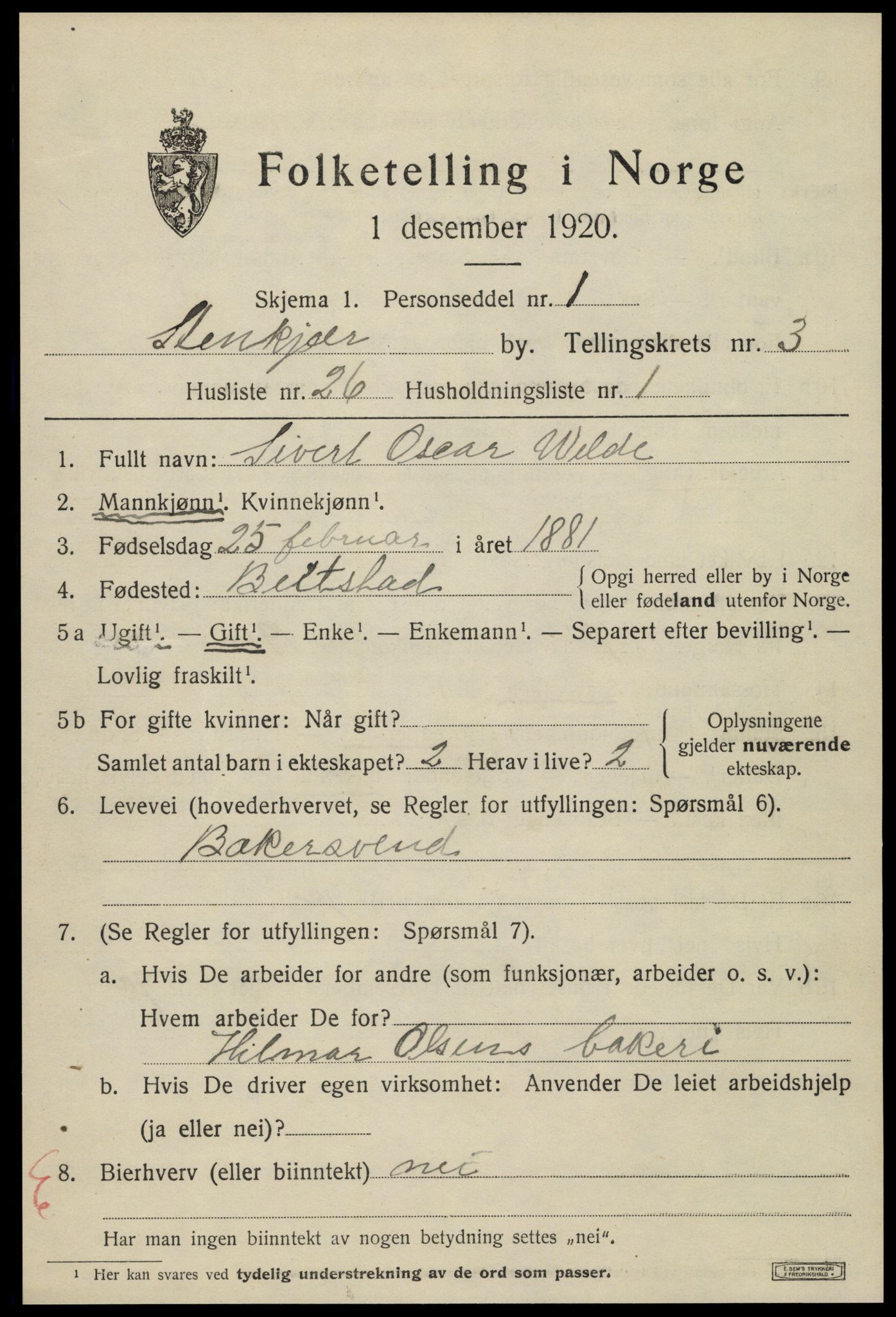 SAT, 1920 census for Steinkjer, 1920, p. 6312