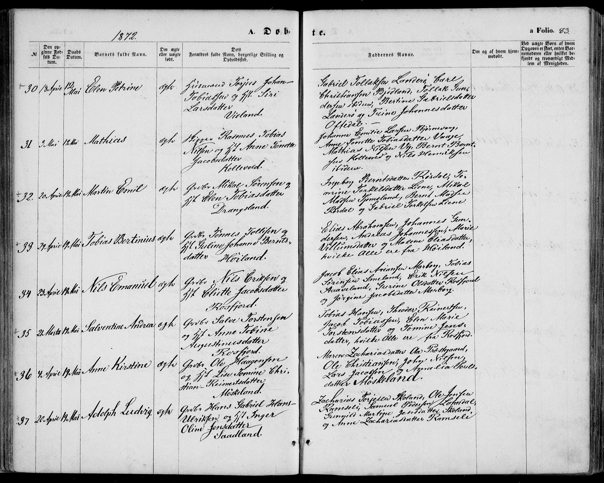 Lyngdal sokneprestkontor, AV/SAK-1111-0029/F/Fa/Fac/L0010: Parish register (official) no. A 10, 1865-1878, p. 83