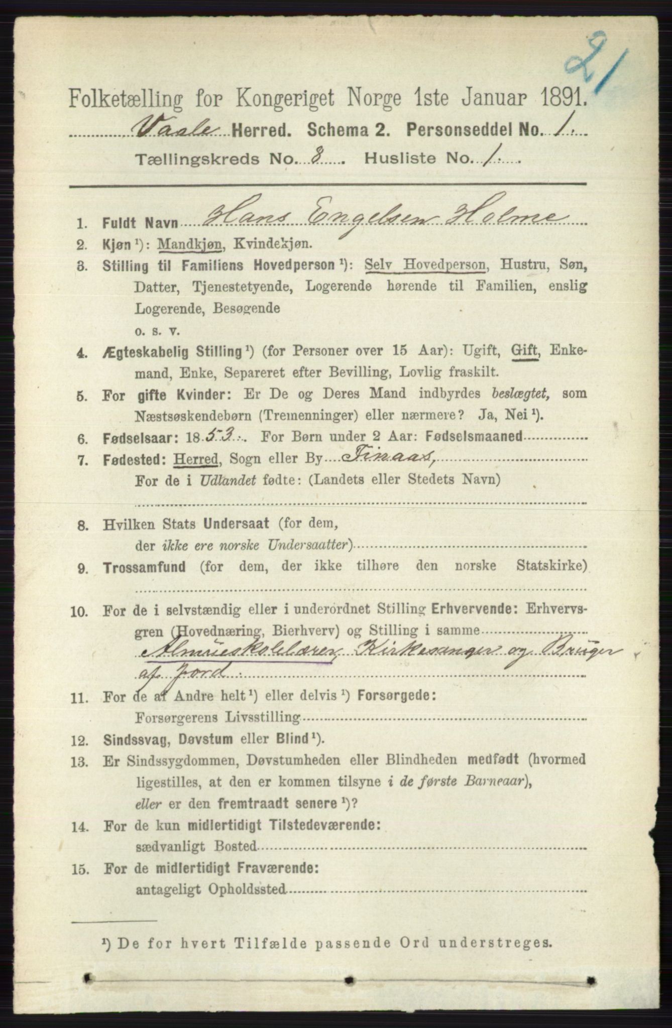 RA, 1891 census for 0716 Våle, 1891, p. 2864