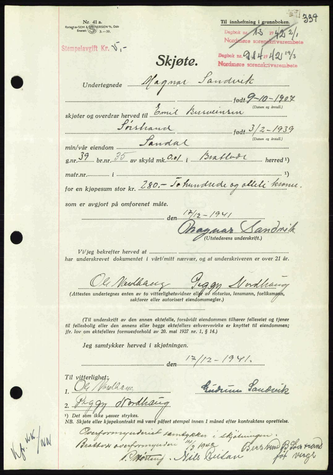 Nordmøre sorenskriveri, AV/SAT-A-4132/1/2/2Ca: Mortgage book no. A92, 1942-1942, Diary no: : 914/1942