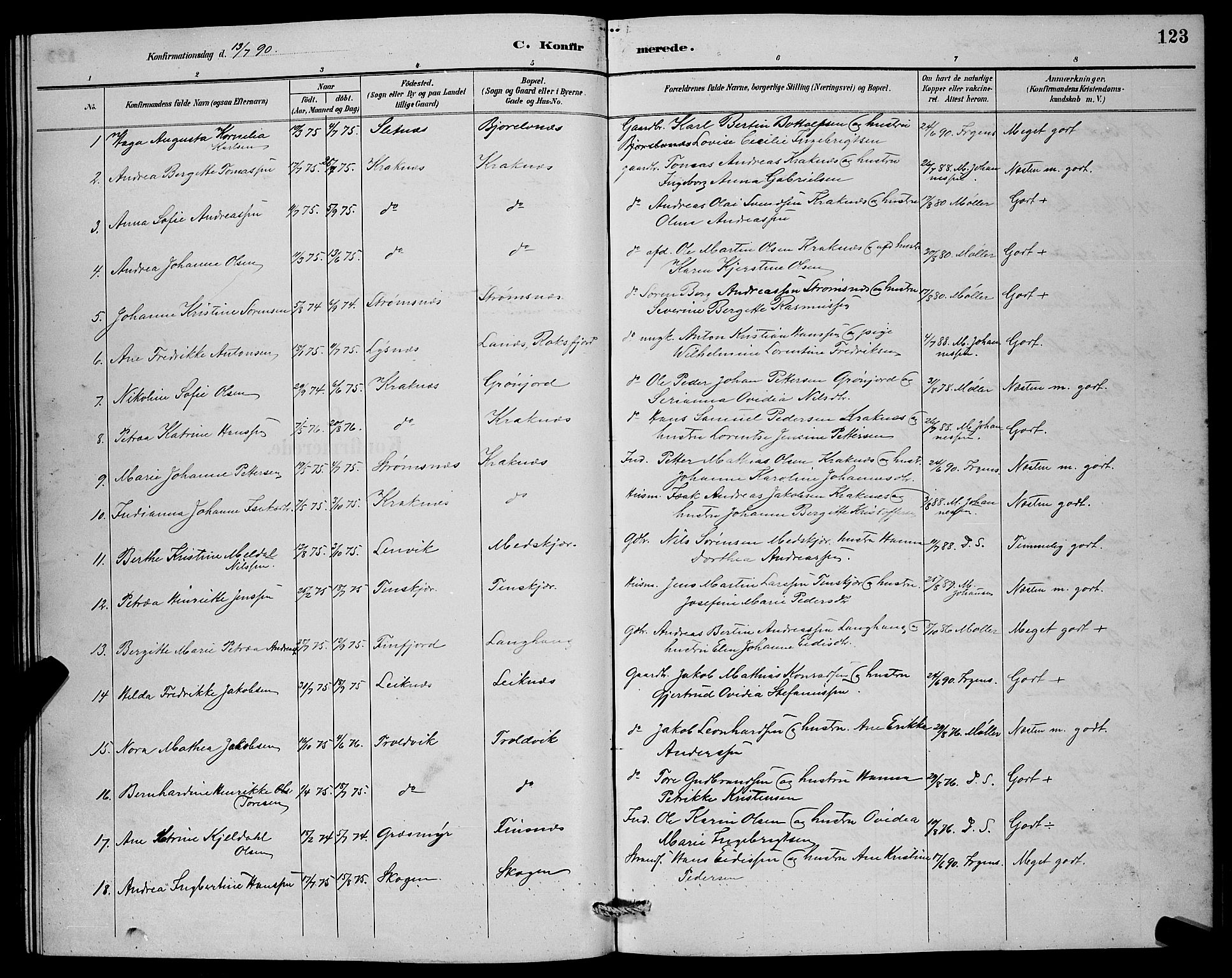 Lenvik sokneprestembete, SATØ/S-1310/H/Ha/Hab/L0007klokker: Parish register (copy) no. 7, 1890-1898, p. 123