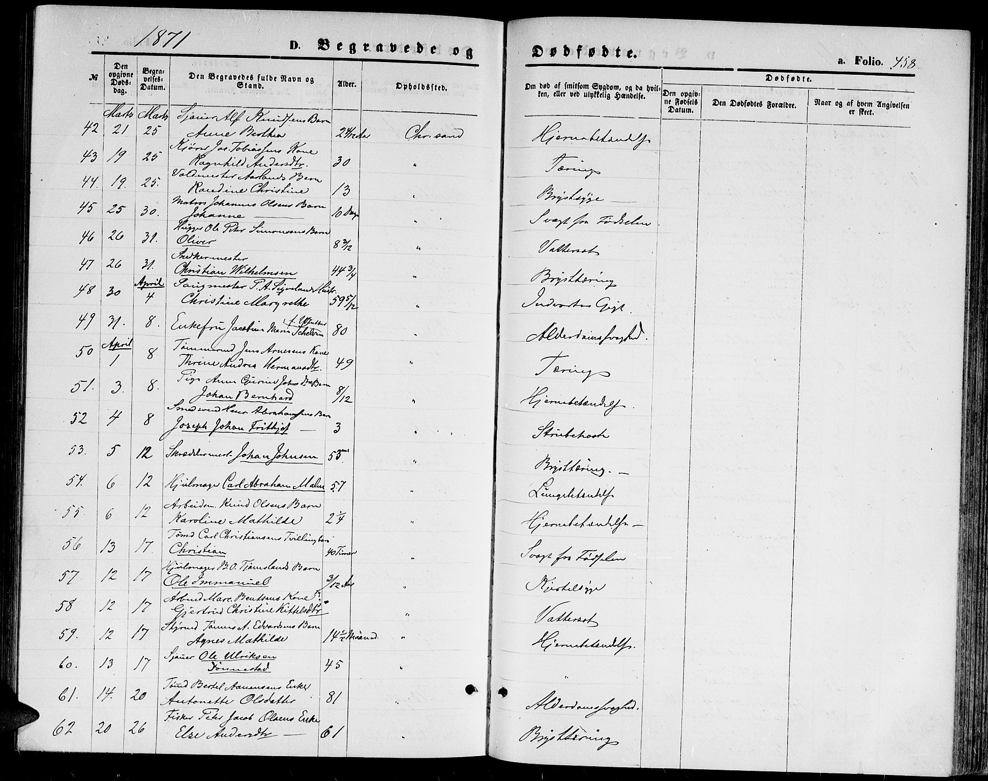 Kristiansand domprosti, AV/SAK-1112-0006/F/Fb/L0013: Parish register (copy) no. B 13, 1871-1880, p. 458