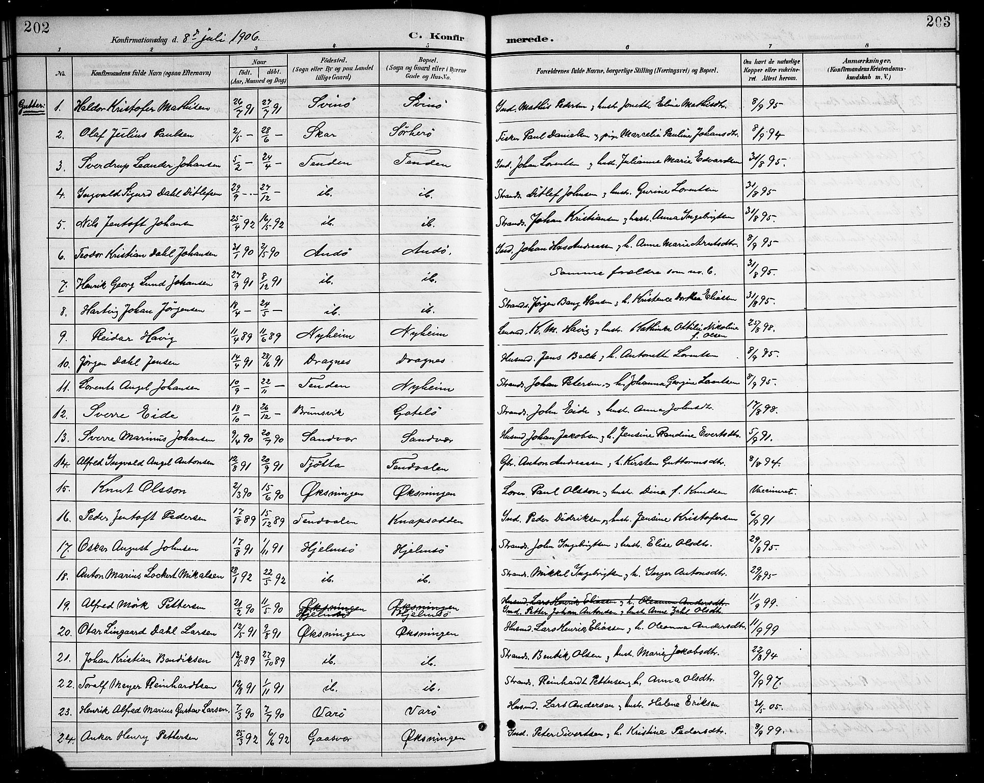 Ministerialprotokoller, klokkerbøker og fødselsregistre - Nordland, SAT/A-1459/834/L0516: Parish register (copy) no. 834C06, 1902-1918, p. 202-203