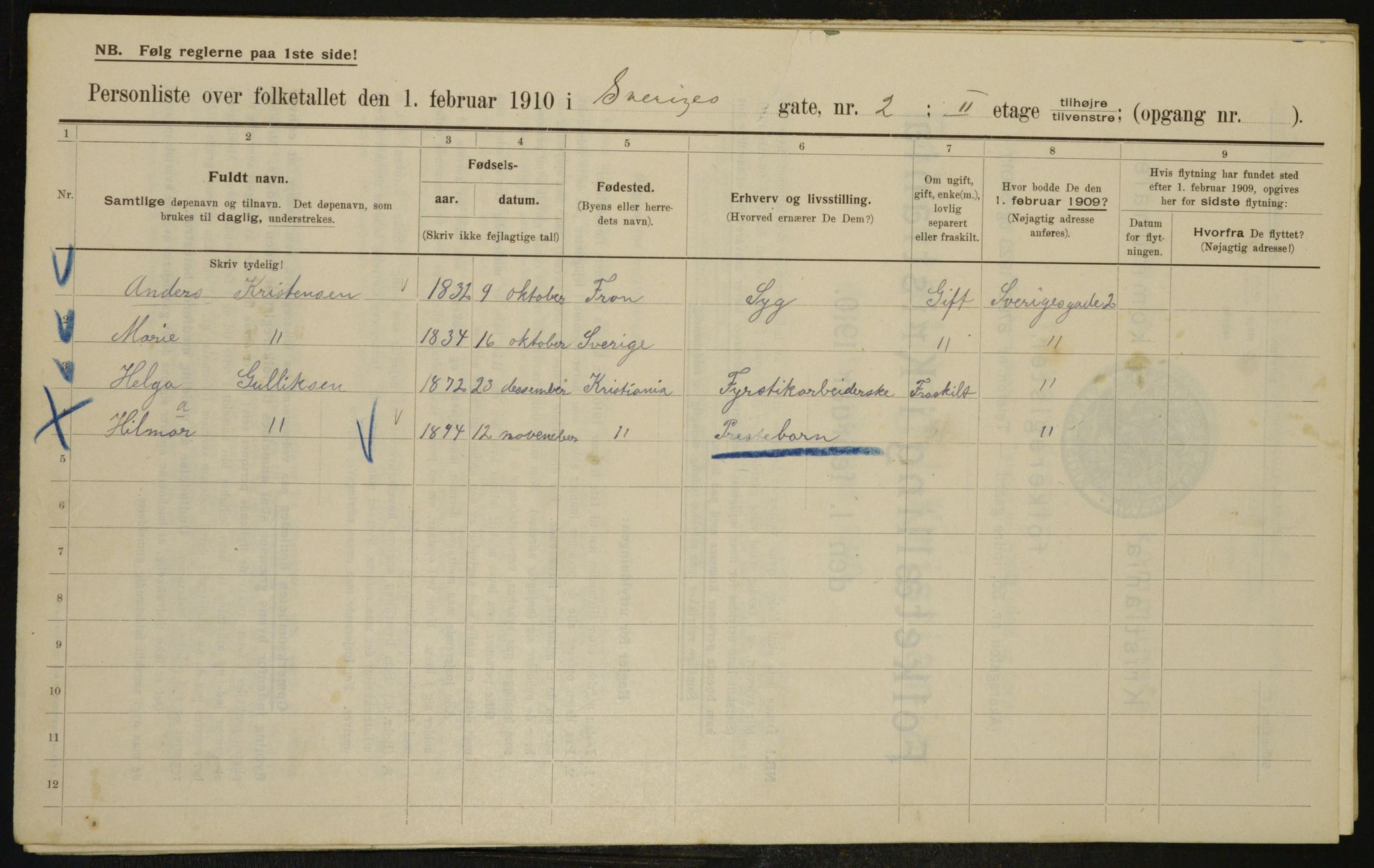 OBA, Municipal Census 1910 for Kristiania, 1910, p. 100313