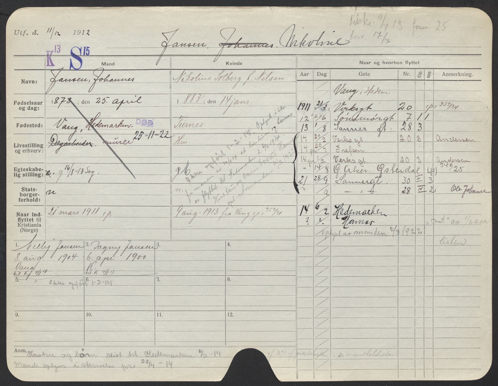 Oslo folkeregister, Registerkort, AV/SAO-A-11715/F/Fa/Fac/L0017: Kvinner, 1906-1914, p. 326a