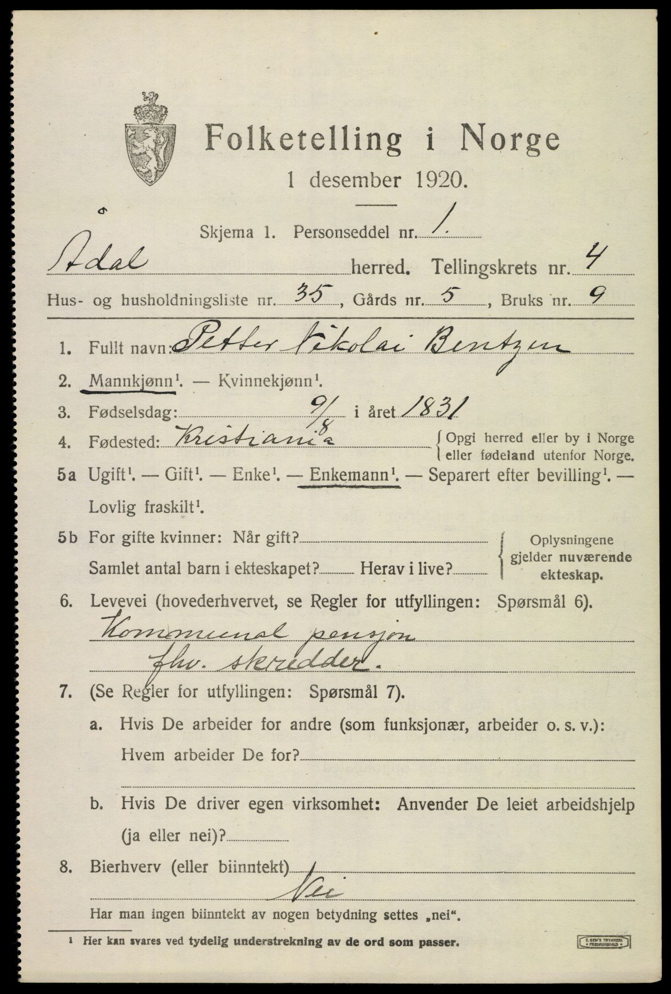 SAKO, 1920 census for Ådal, 1920, p. 4040