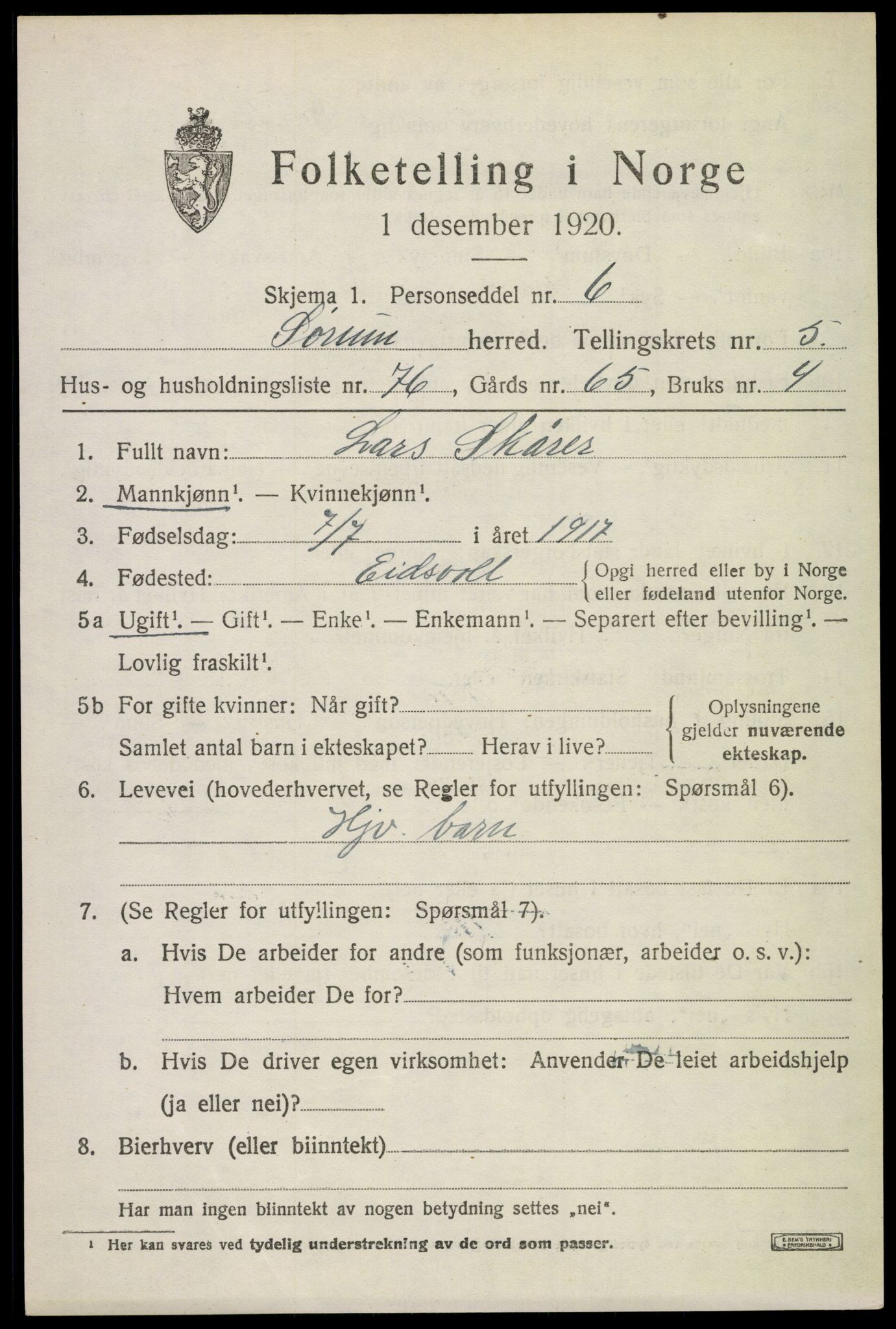 SAO, 1920 census for Sørum, 1920, p. 5443