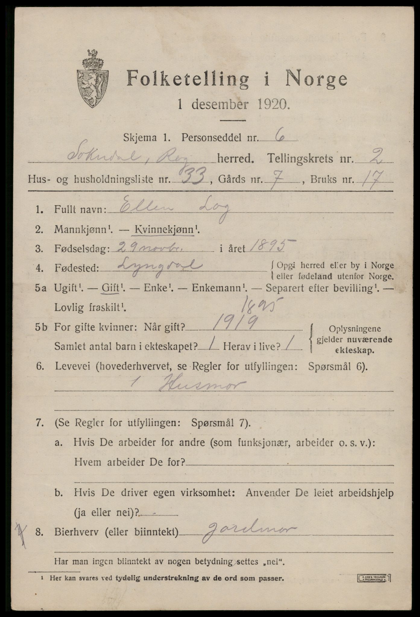 SAST, 1920 census for Sokndal, 1920, p. 2093